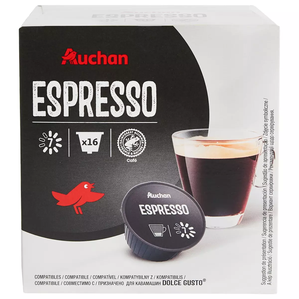 AUCHAN Capsules de café espresso intensité 7 compatibles Dolce Gusto 16 capsules 112g