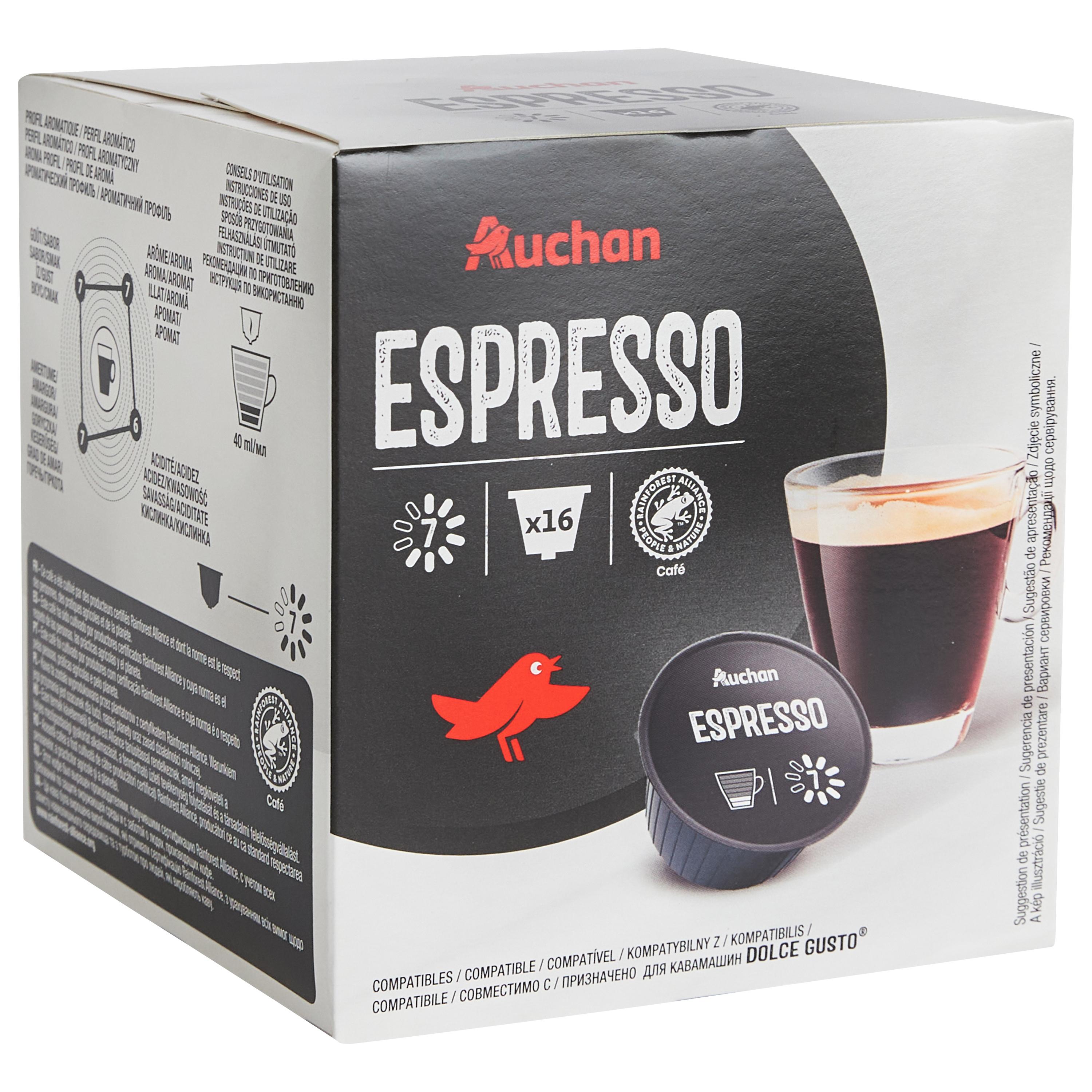 Voir la diapositive 3 : AUCHAN Capsules de café espresso intensité 7 compatibles Dolce Gusto 16 capsules 112g