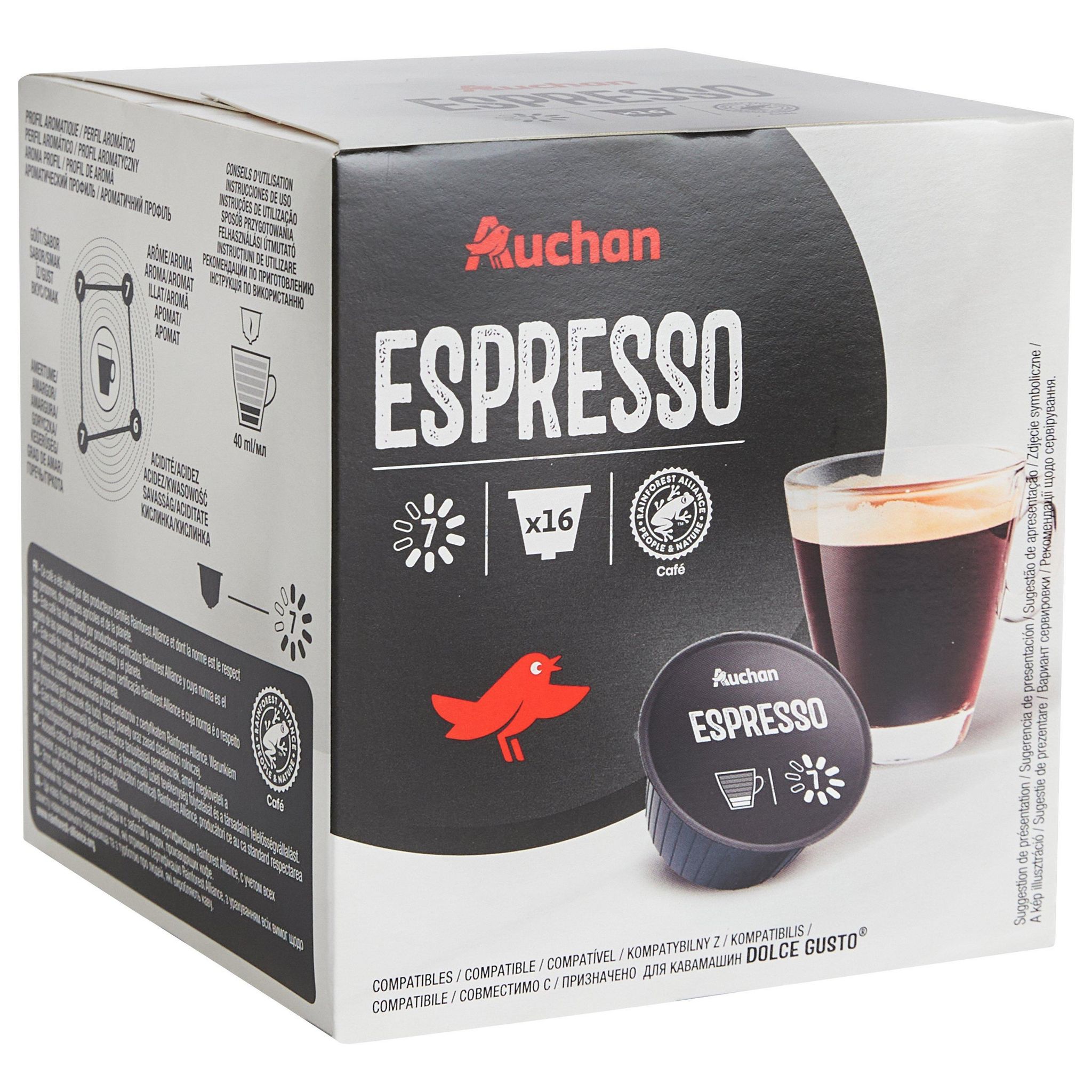 Voir la diapositive 5 : AUCHAN Capsules de café espresso intensité 7 compatibles Dolce Gusto 16 capsules 112g