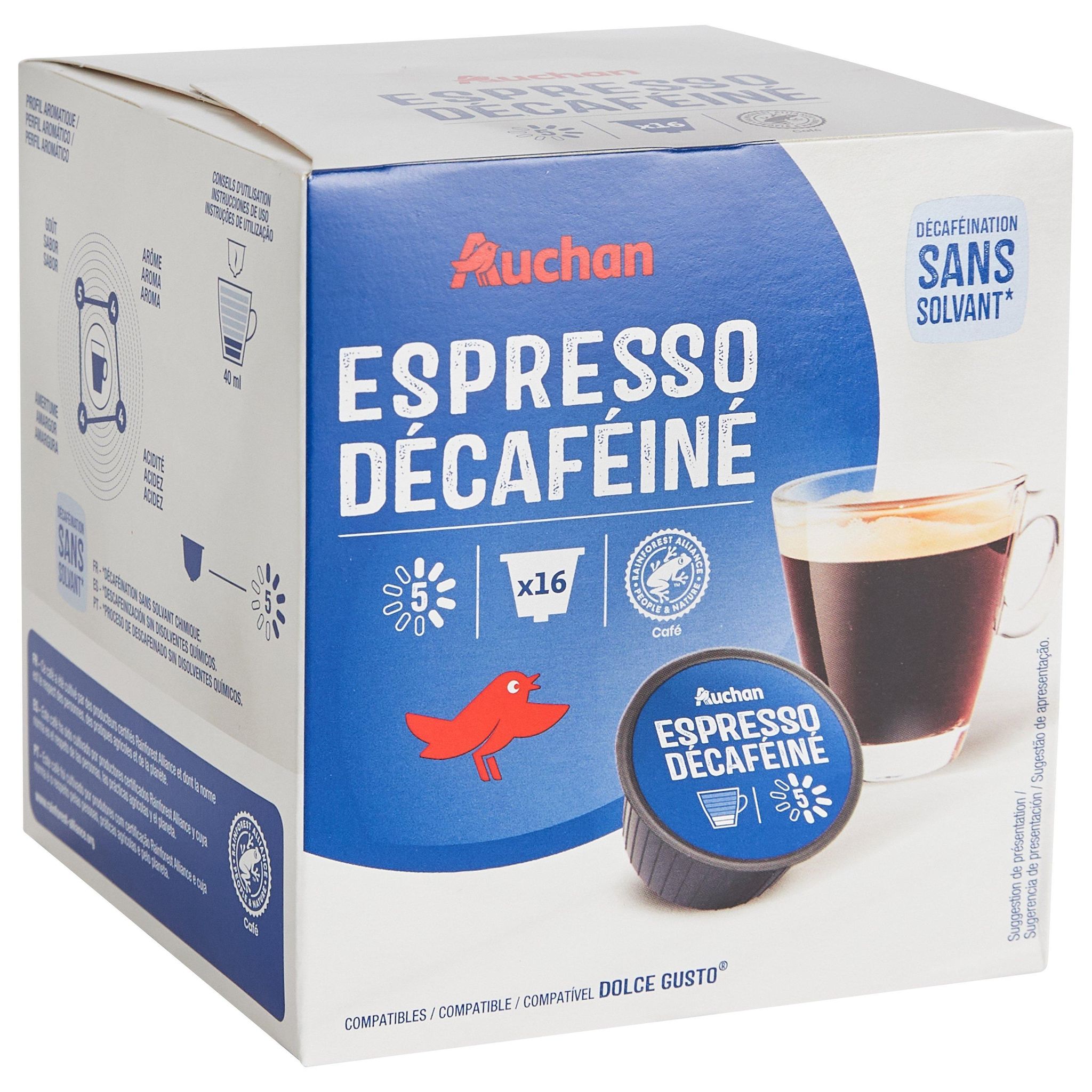 Voir la diapositive 2 : AUCHAN Capsules de café expresso décaféiné intensité 5 compatibles Dolce Gusto 16 capsules 112g