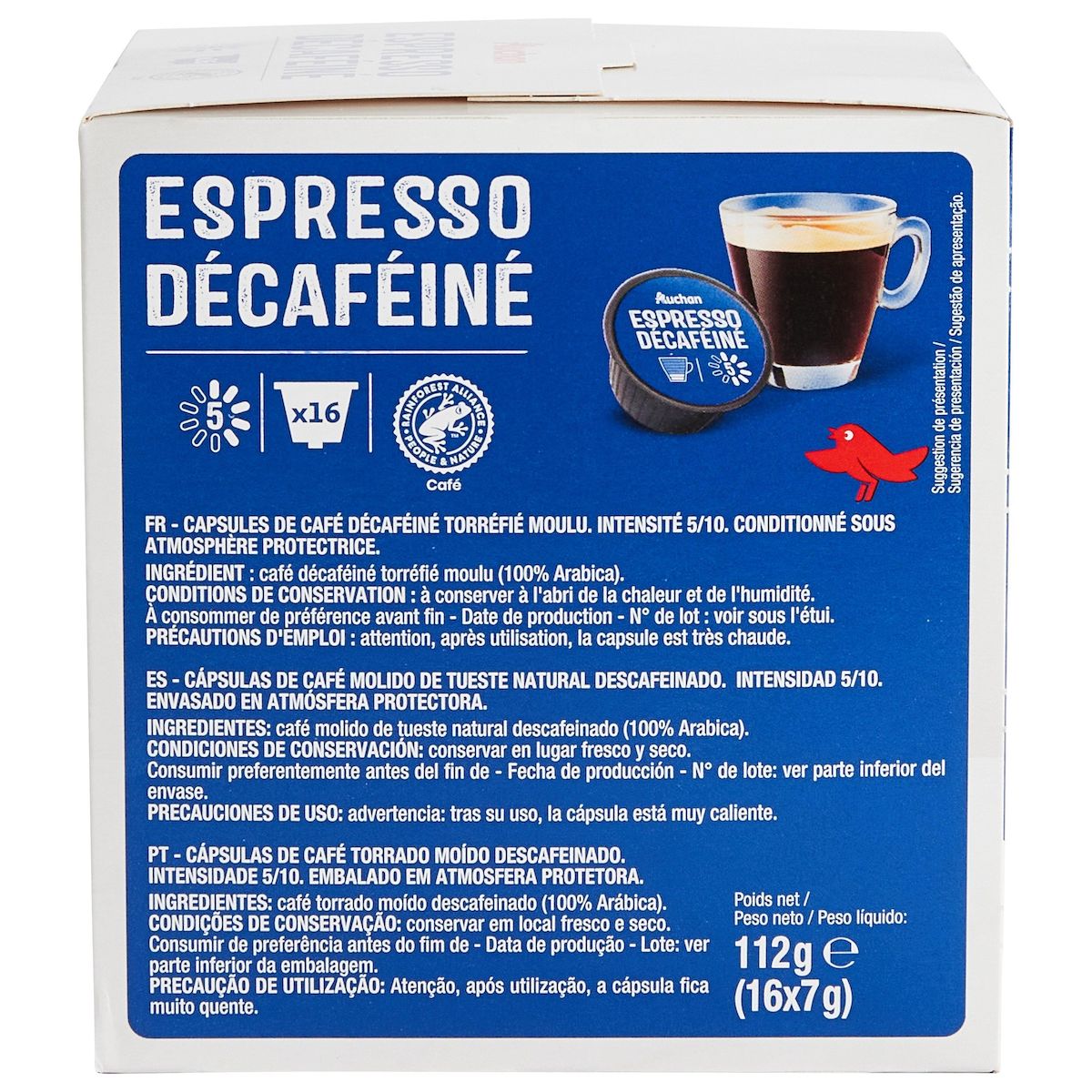 AUCHAN Capsules de café expresso décaféiné intensité 5 compatibles Dolce Gusto 16 capsules 112g