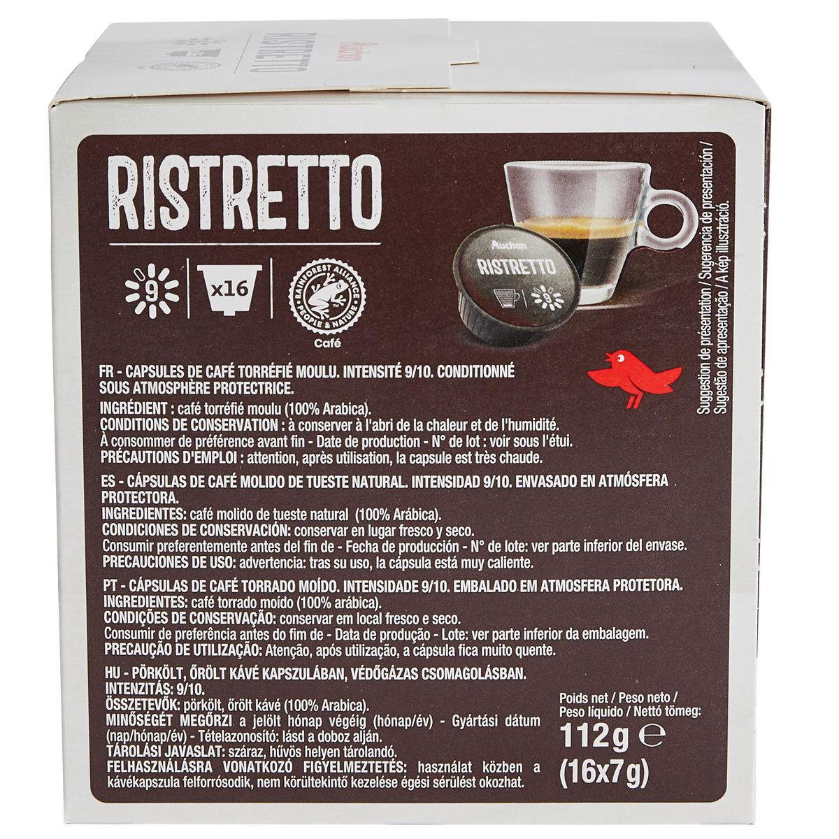 AUCHAN Capsules de café ristretto intensité 9 compatibles Dolce Gusto 16 capsules 112g