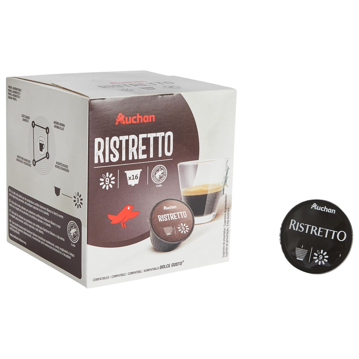 AUCHAN Capsules de café ristretto intensité 9 compatibles Dolce Gusto 16 capsules 112g