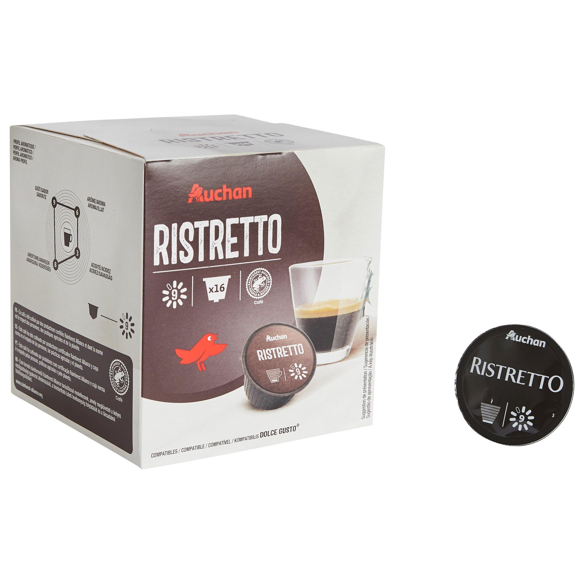 Voir la diapositive 5 : AUCHAN Capsules de café ristretto intensité 9 compatibles Dolce Gusto 16 capsules 112g