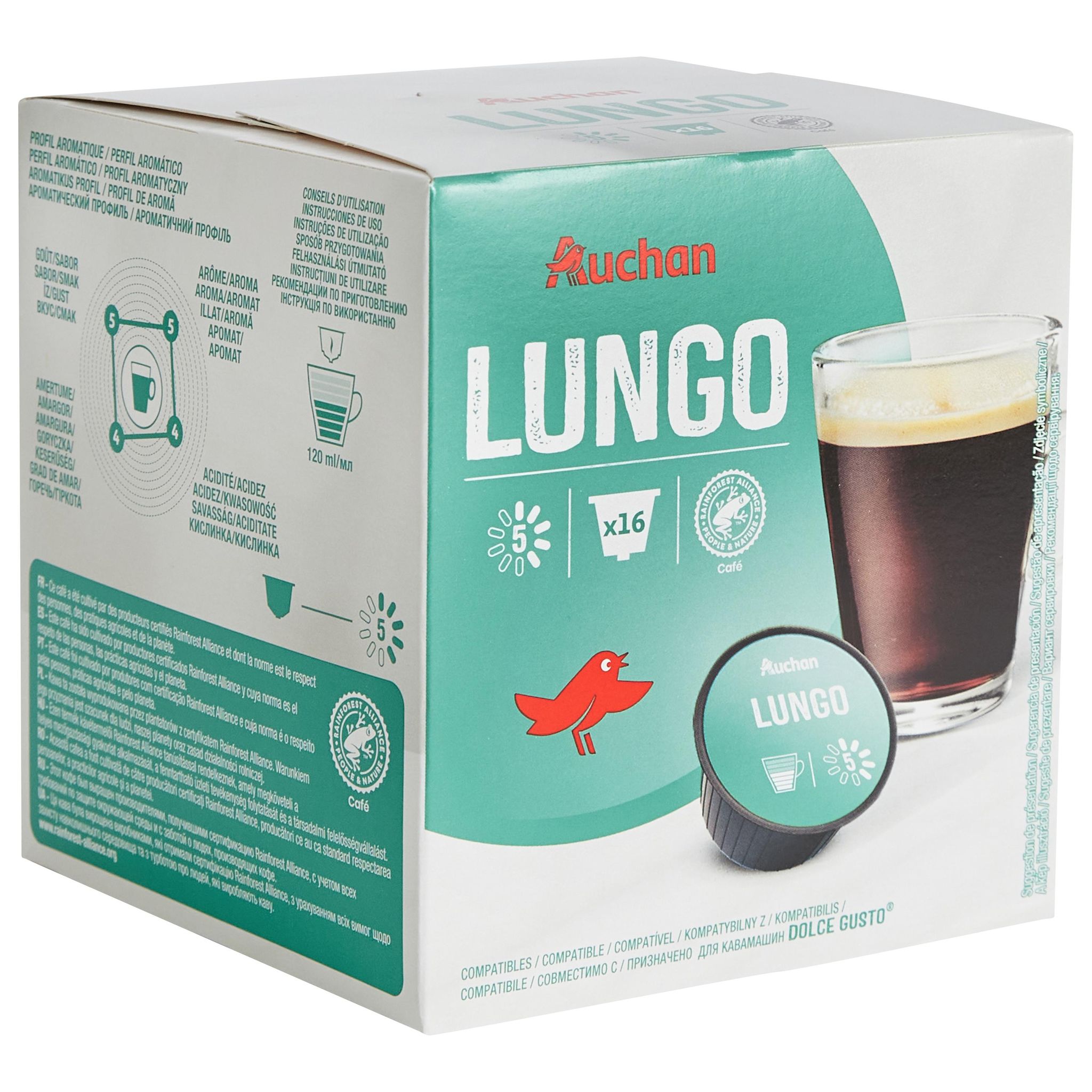 Voir la diapositive 4 : AUCHAN Capsules de café lungo intensité 5 compatibles Dolce Gusto 16 dosettes 112g
