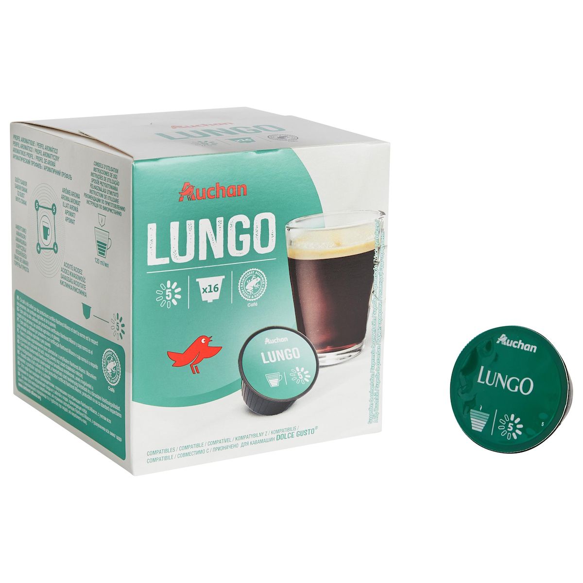 AUCHAN Capsules de café lungo intensité 5 compatibles Dolce Gusto 16 dosettes 112g