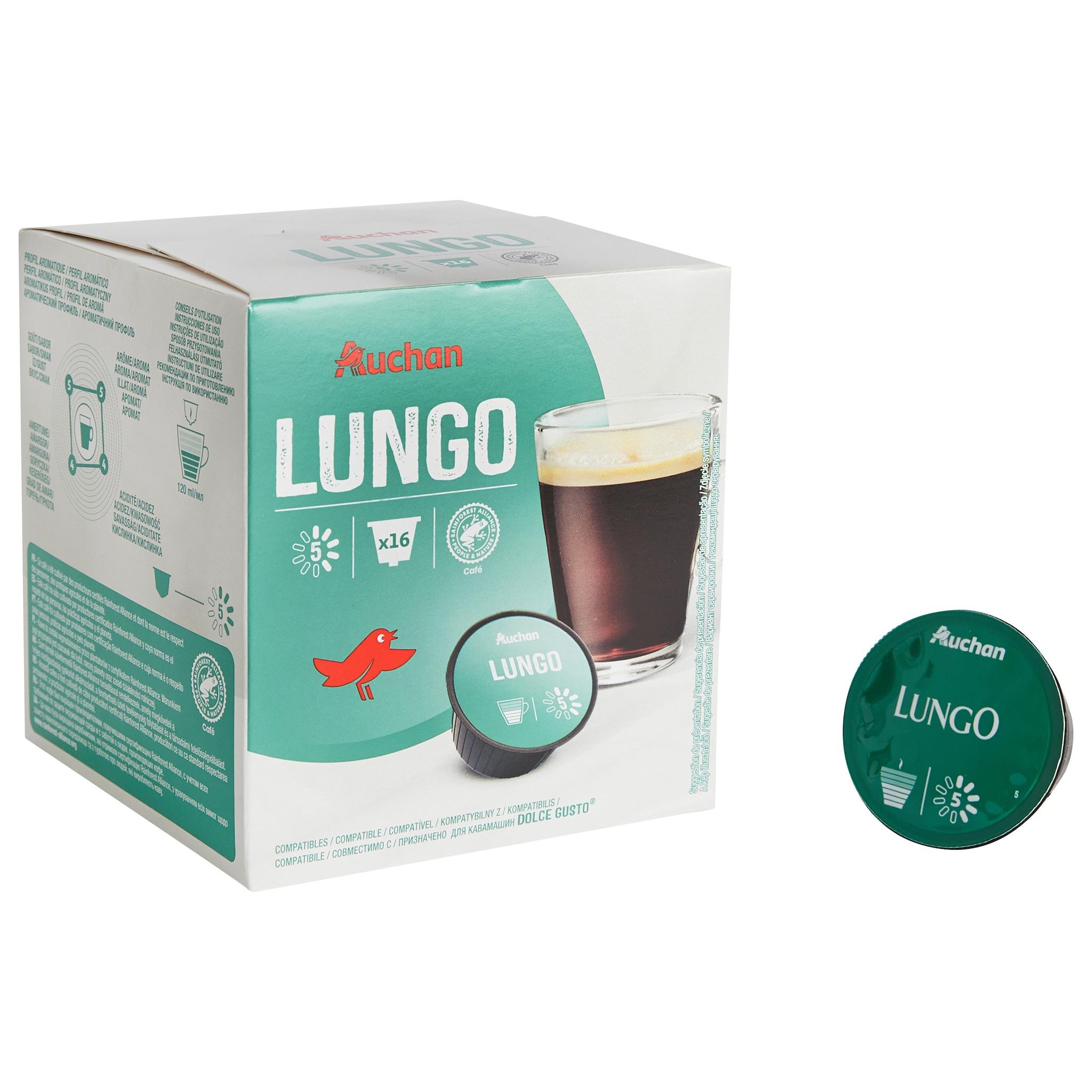 Voir la diapositive 5 : AUCHAN Capsules de café lungo intensité 5 compatibles Dolce Gusto 16 dosettes 112g