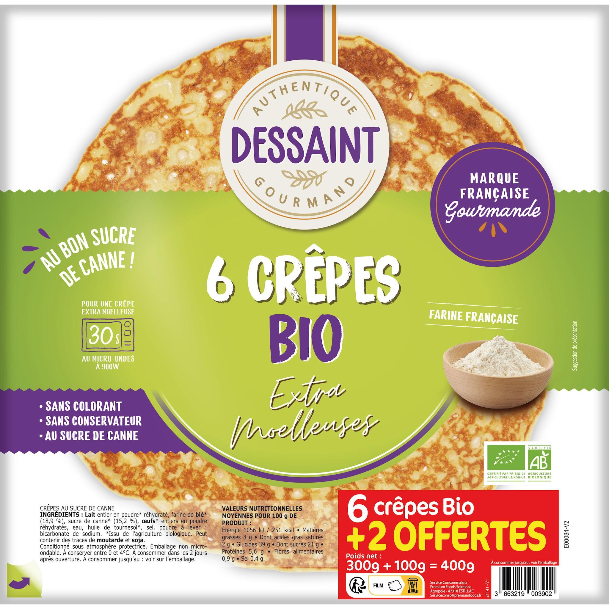 DESSAINT Crêpes moelleuses bio au lait entier 6+2 offerts 400g