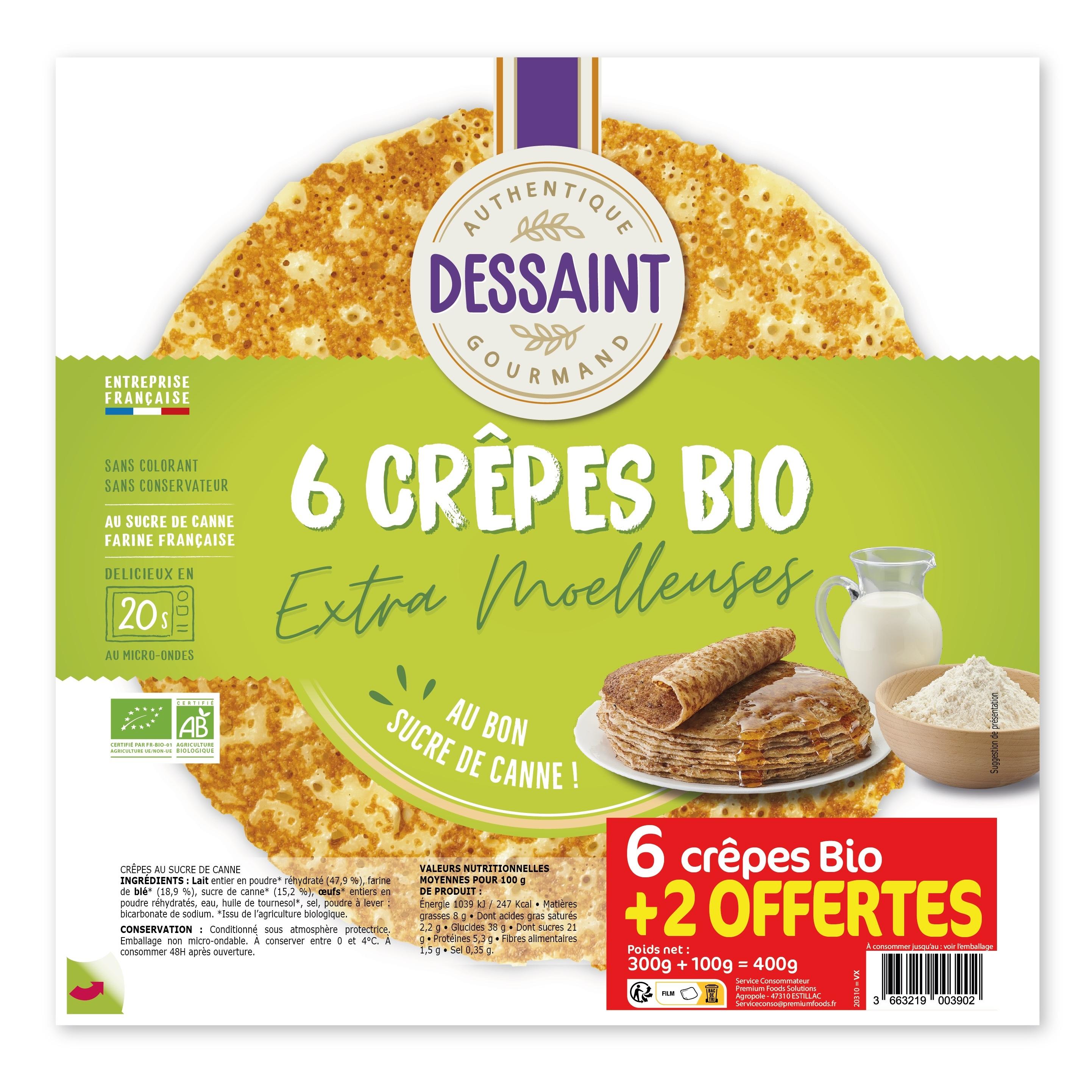 Voir la diapositive 2 : DESSAINT Crêpes moelleuses bio au lait entier 6+2 offerts 400g