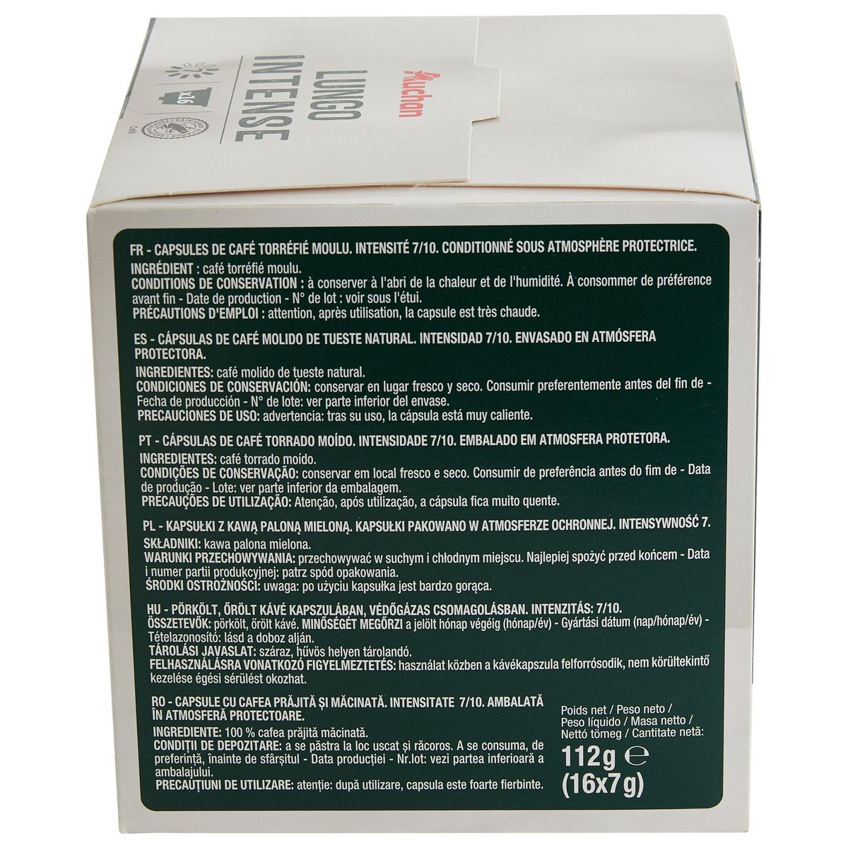 AUCHAN Capsules de café lungo intense intensité 7 compatibles Dolce gusto 16 capsules 112g