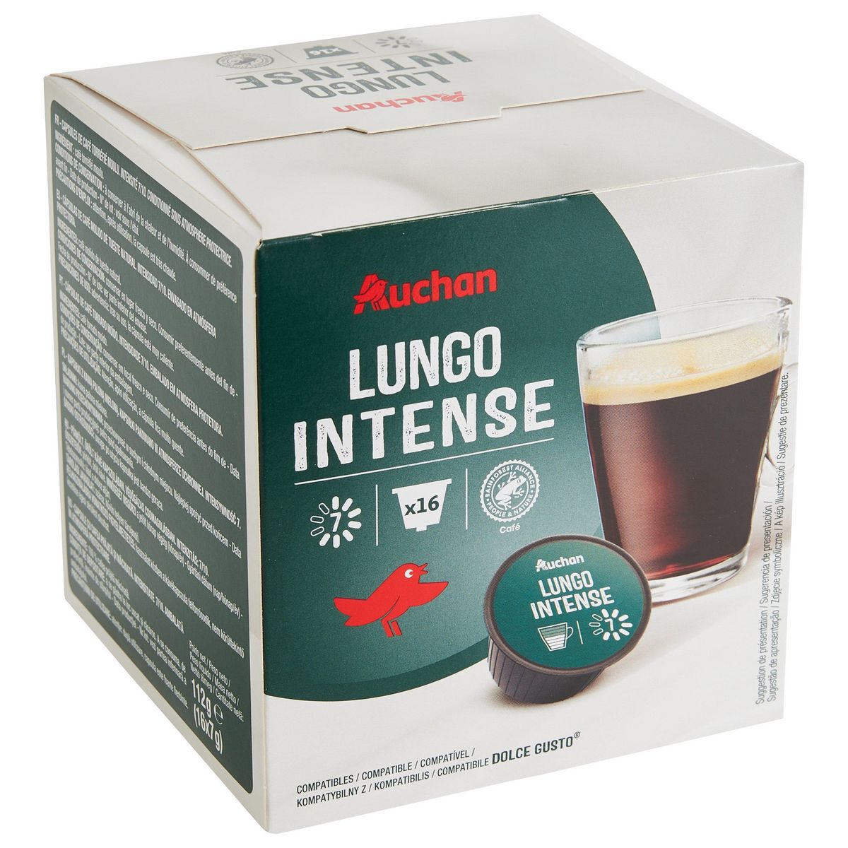 AUCHAN Capsules de café lungo intense intensité 7 compatibles Dolce gusto 16 capsules 112g