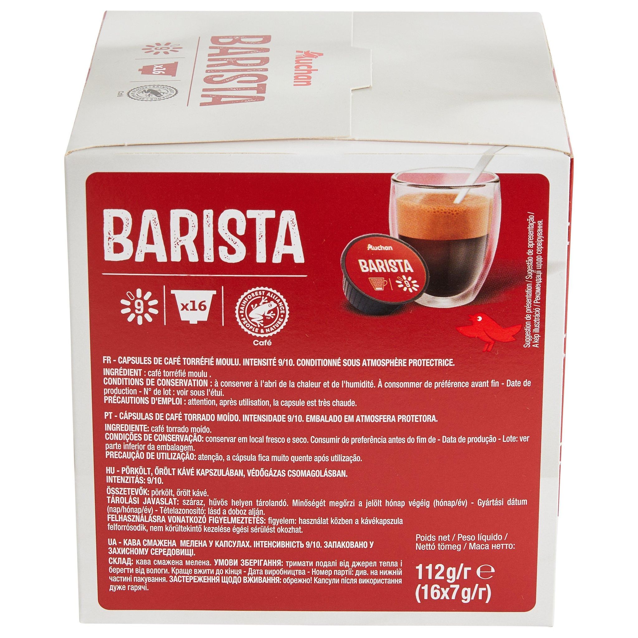 Voir la diapositive 2 : AUCHAN Capsules de café Barista intensité 9 compatibles Dolce Gusto 16 capsules 112g