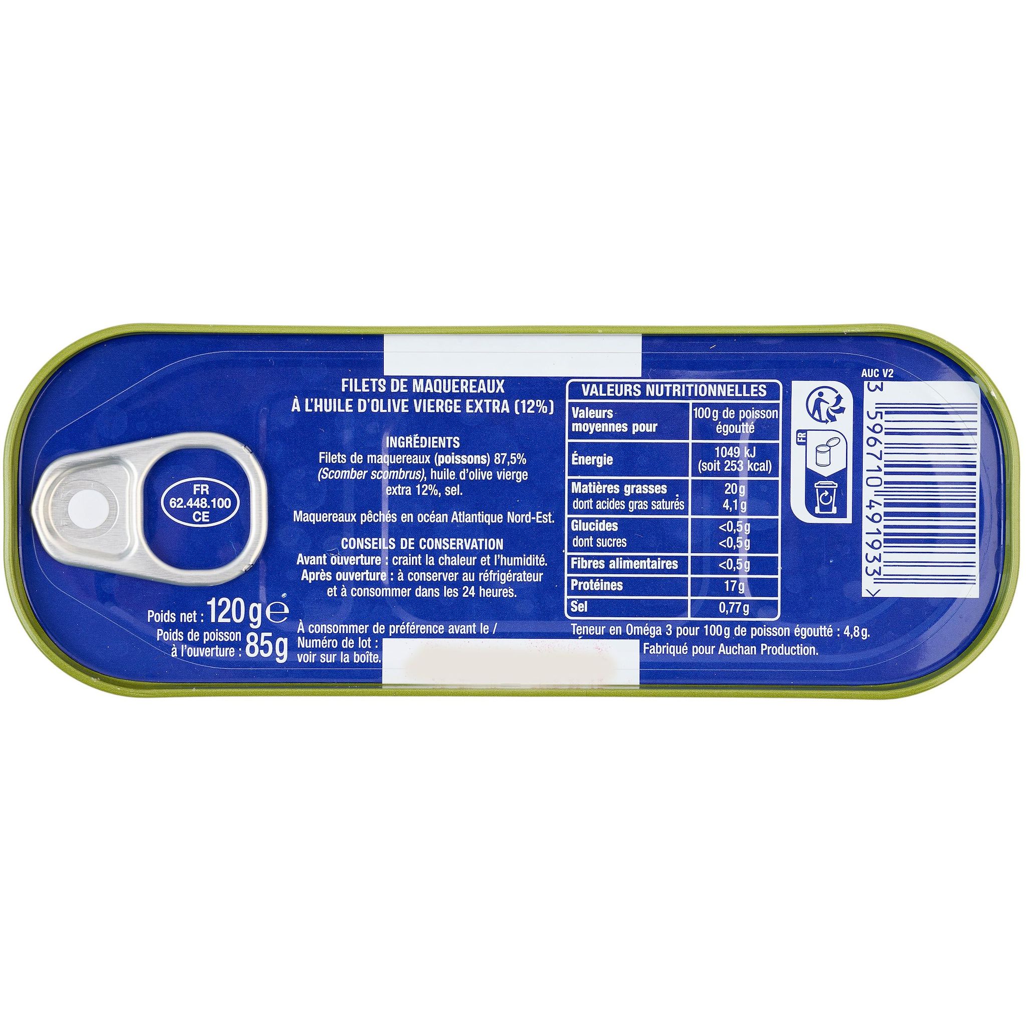 Voir la diapositive 3 : AUCHAN Filets de maquereaux avec un trait d'huile d'olive 85g