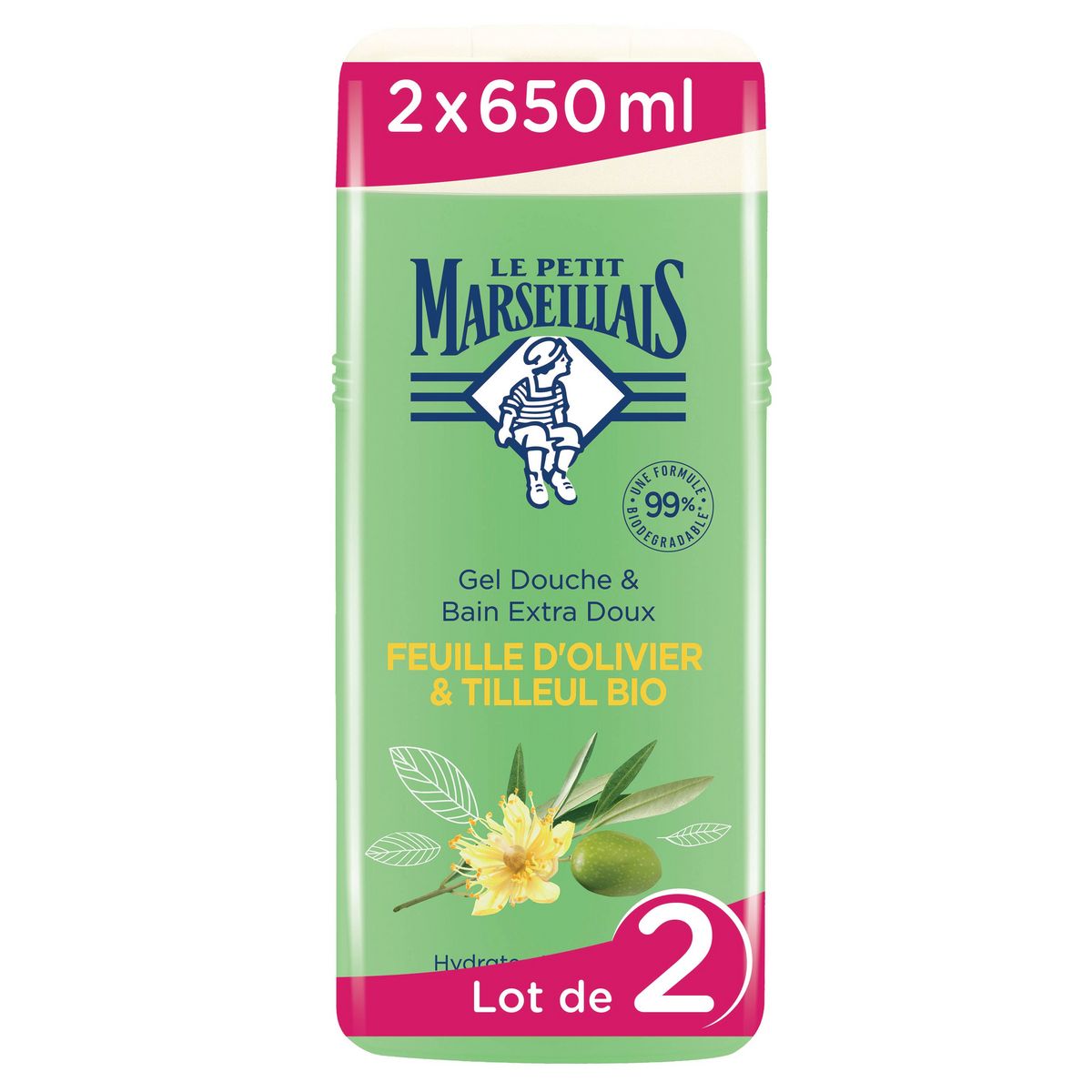 LE PETIT MARSEILLAIS Gel douche et bain extra doux feuille d'olivier tilleul bio 2x650ml