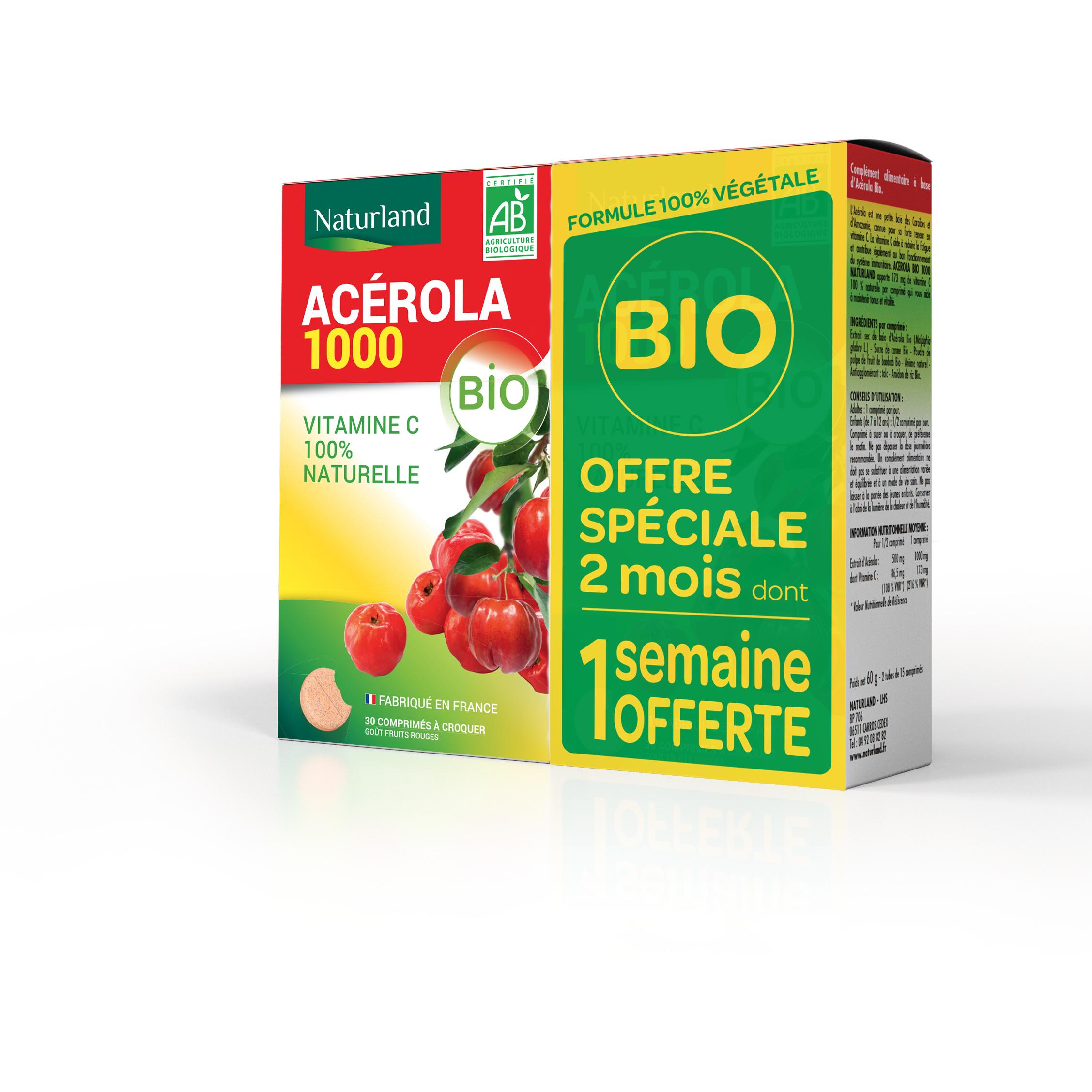 NATURLAND Complément alimentaire Acérola 1000 bio 2x30 comprimés à croquer