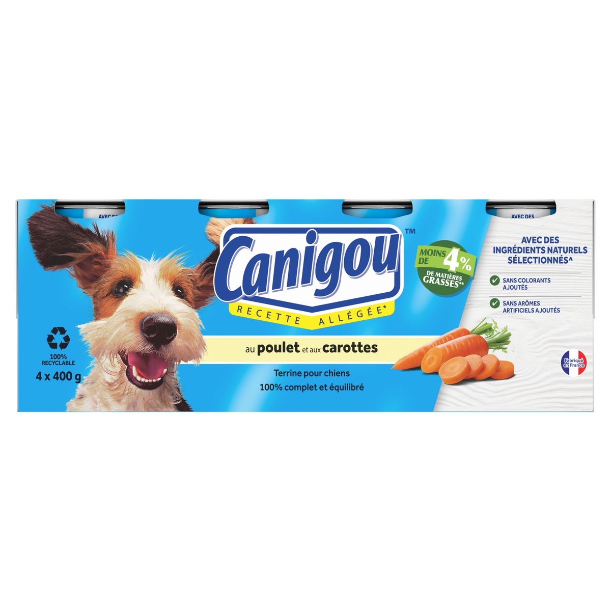 CANIGOU Boîtes de terrines allégées aux poulet et aux carottes pour chien 4x400g