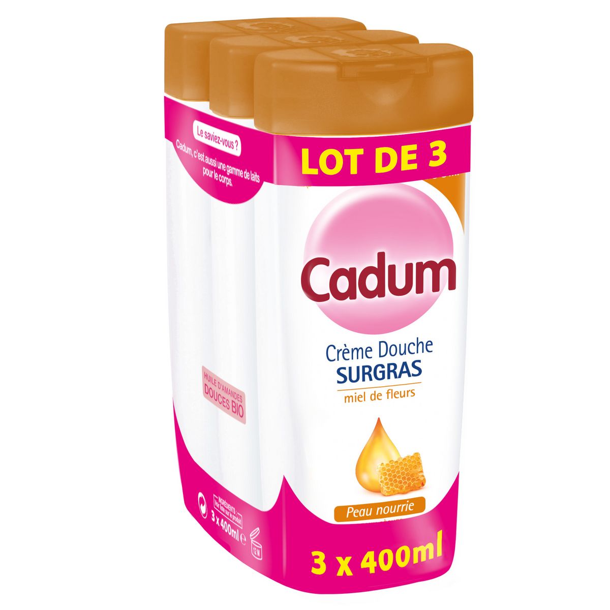 CADUM Crème douche surgras miel de fleurs peau nourrie 3x400ml