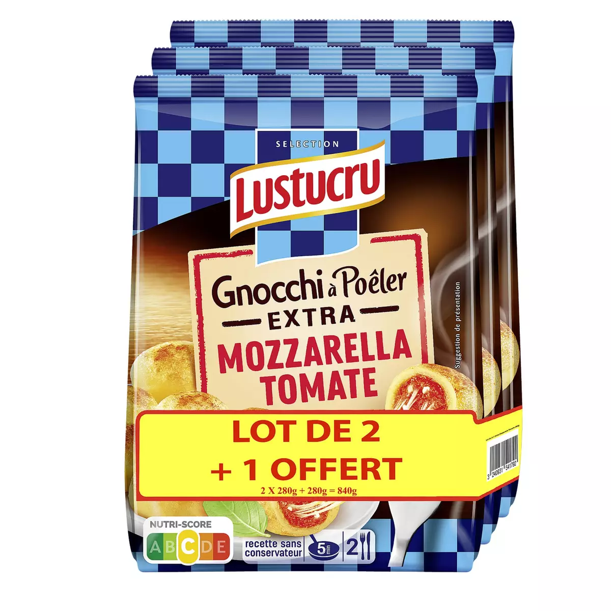 LUSTUCRU Gnocchi à poêler extra mozzarella tomate 2+1 offert 3x280g