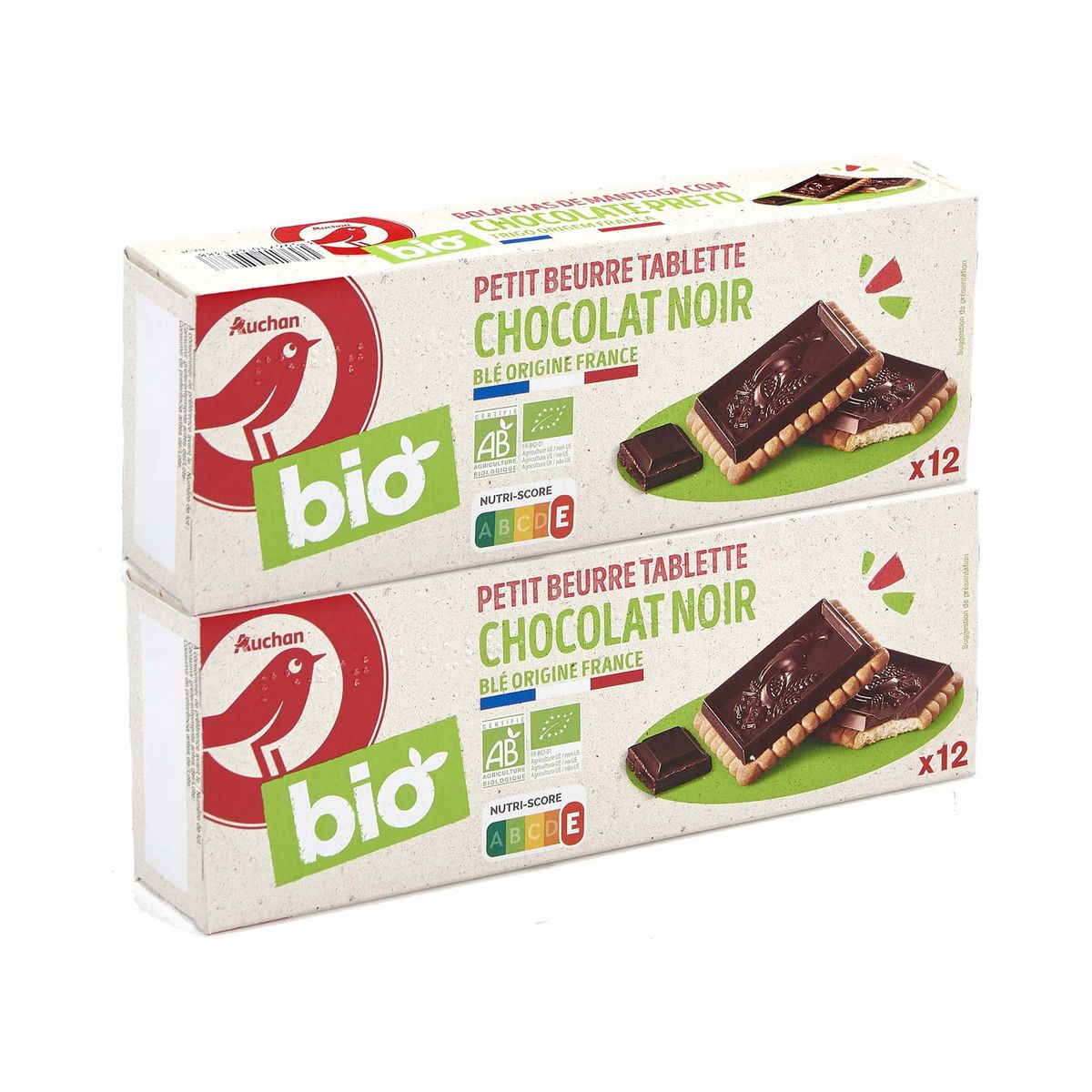 AUCHAN Biscuit petit beurre avec tablette de chocolat noir bio 2x150g