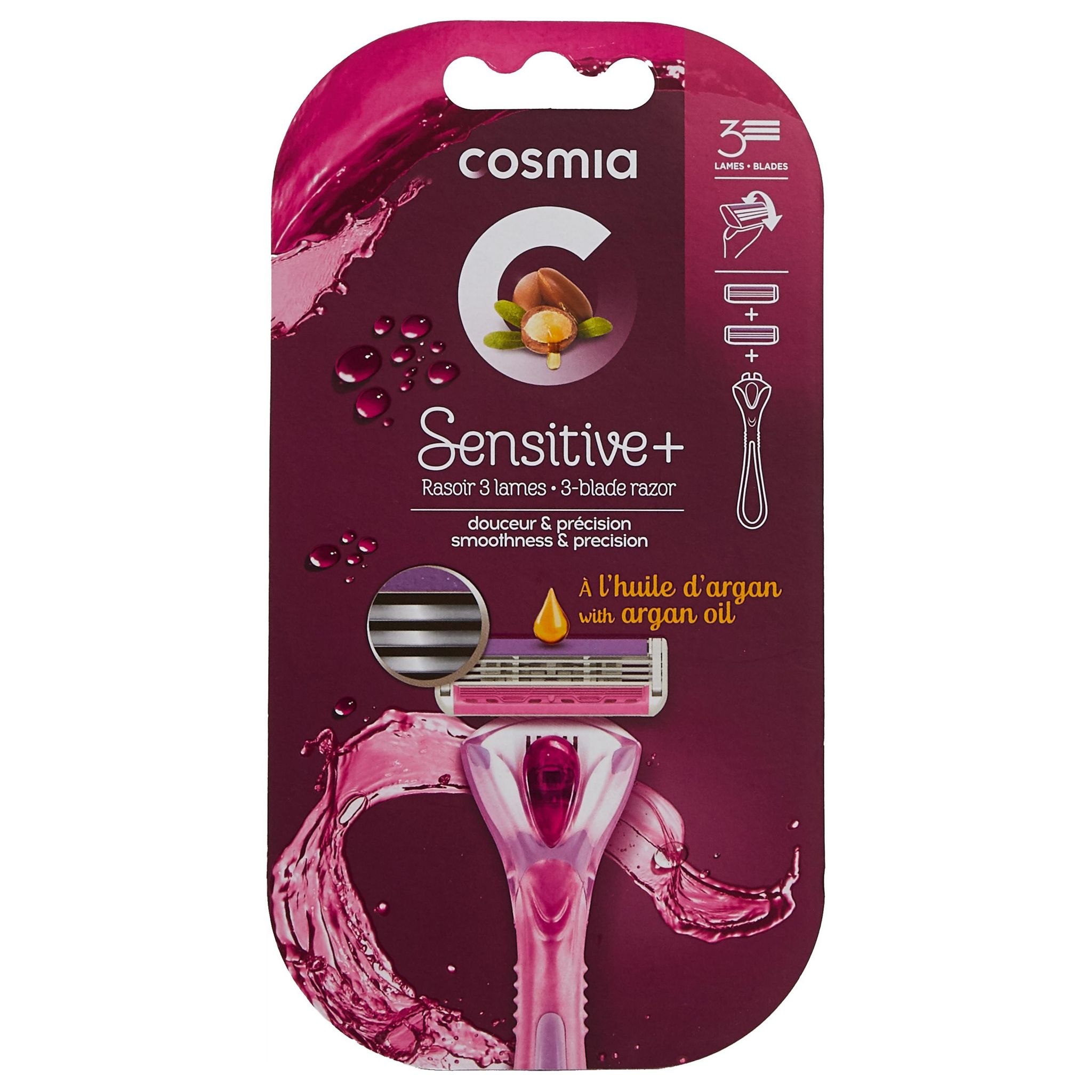 Voir la diapositive 2 : COSMIA Sensitive + Rasoir douceur et précision 3 lames 1 manche + 2 lames 1 kit