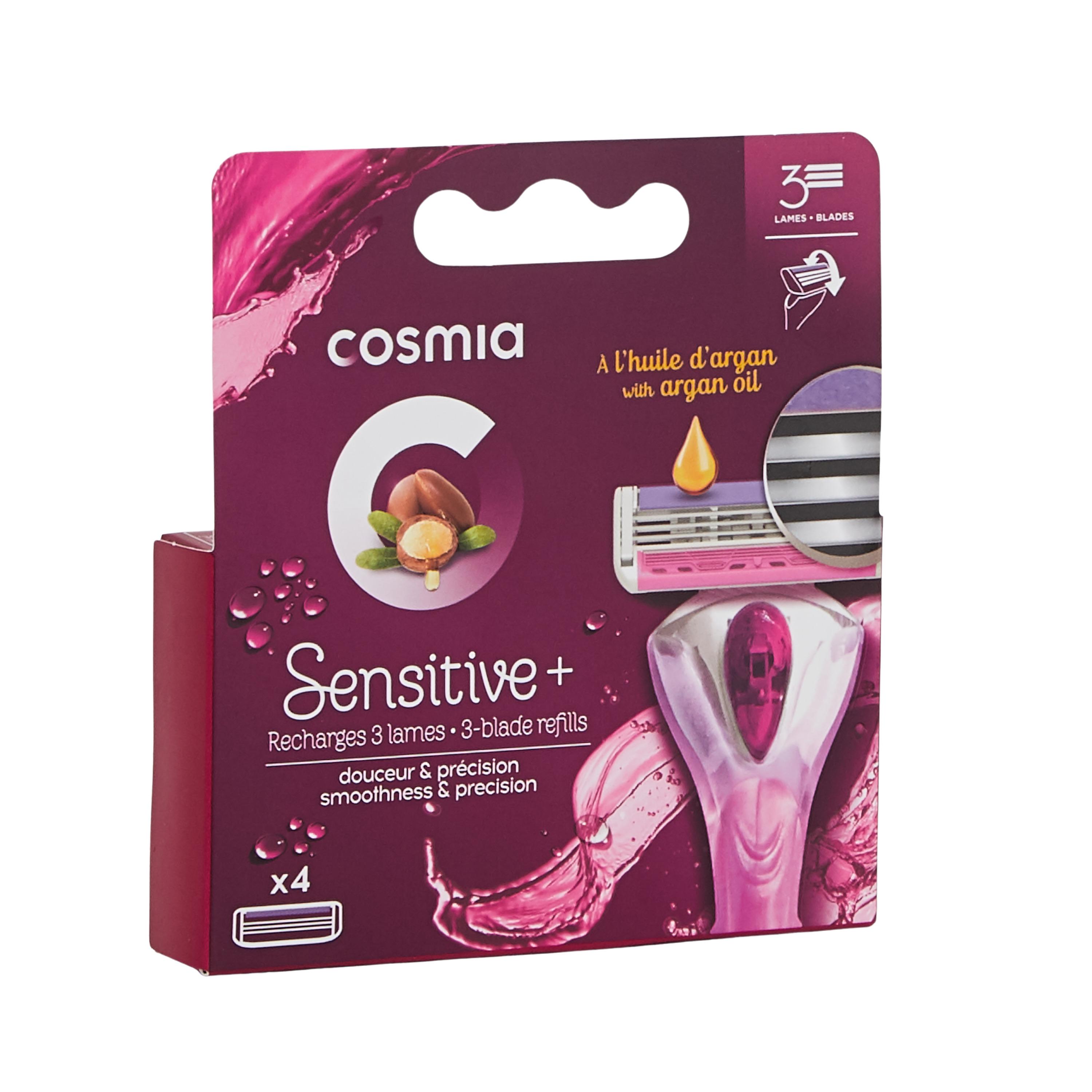 Voir la diapositive 2 : COSMIA Sensitive + Recharges lames de rasoir 3 lames douceur et précision 4 recharges