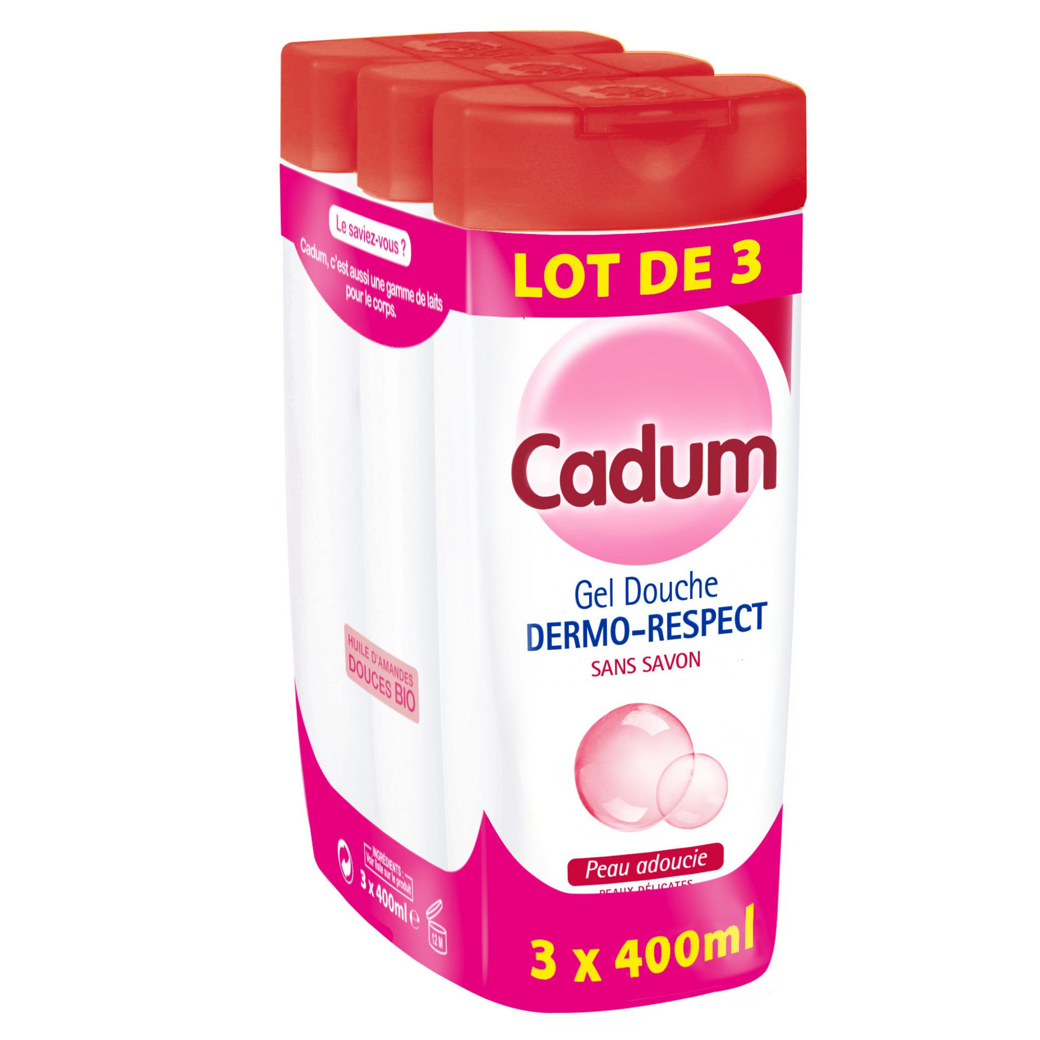 Lot De 3 Gels Douche CADUM Dermo-respect Sans Savon 400ml - Senteur Amande - Pour Peaux Normales - Neuf