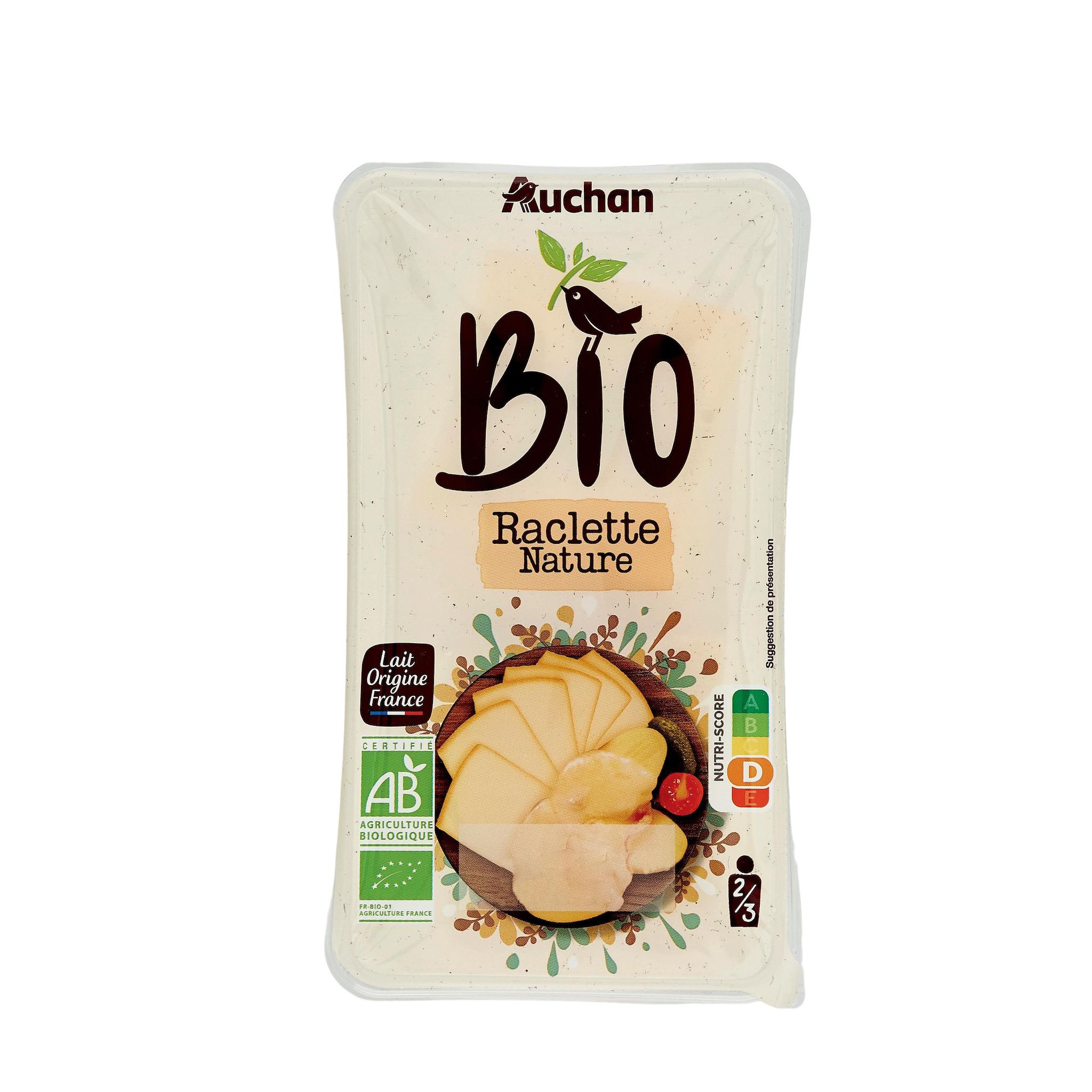 Voir la diapositive 3 : AUCHAN BIO Fromage à raclette nature 2/3 parts 350g