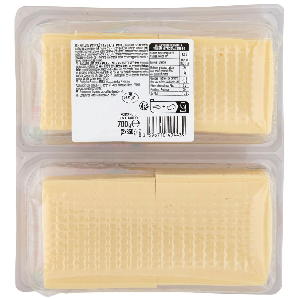 AUCHAN Fromage à raclette nature sans croûte 2x350g