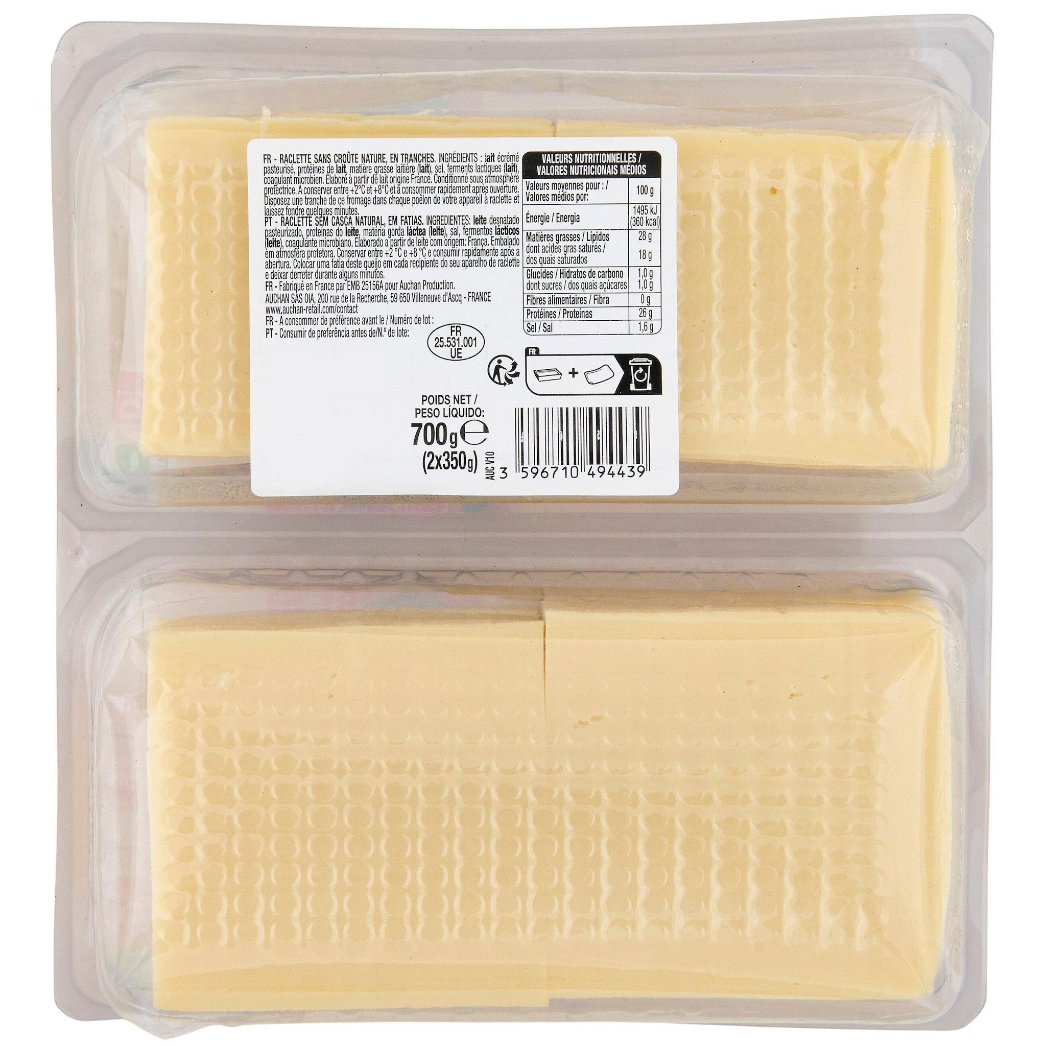 Voir la diapositive 2 : AUCHAN Fromage à raclette nature sans croûte 2x350g
