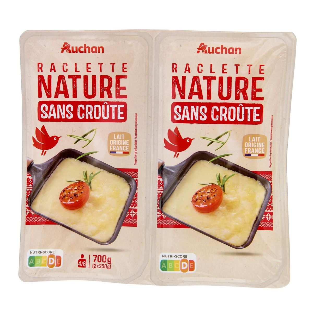 AUCHAN Fromage à raclette nature sans croûte 2x350g