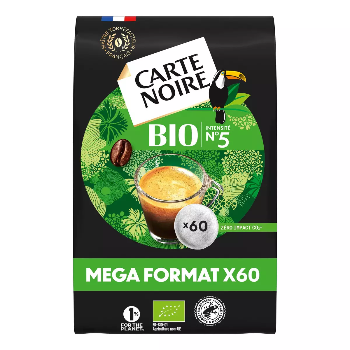 CARTE NOIRE Dosettes de café bio classique intensité 5 compostables compatibles Senseo 60 dosettes 384g