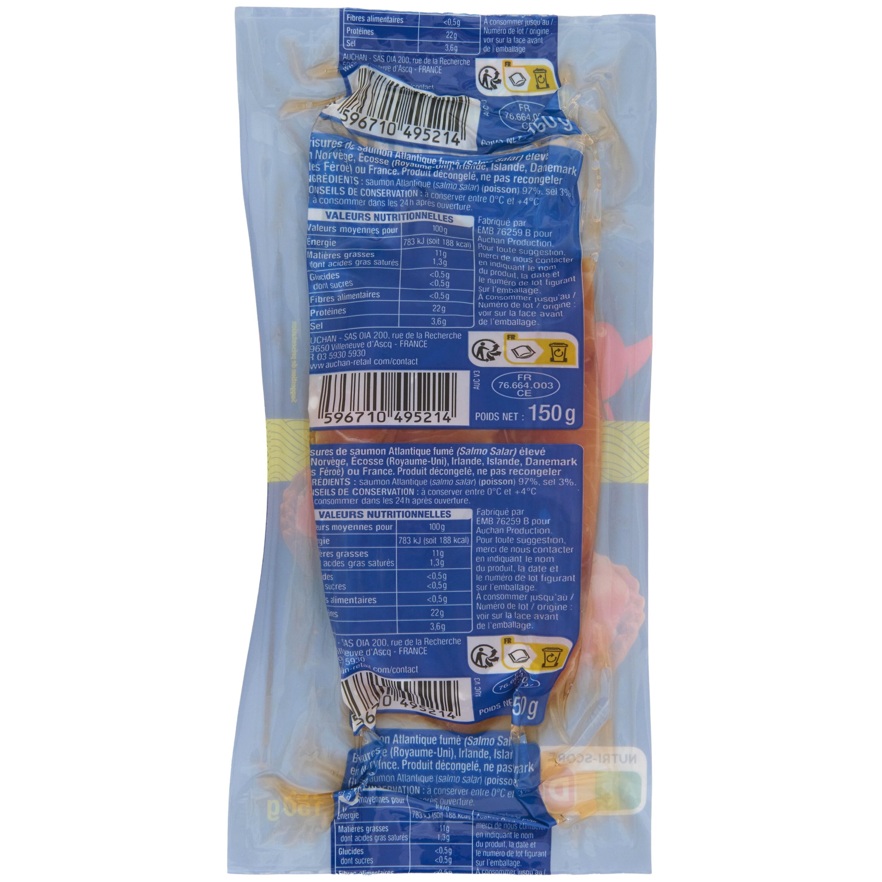 Voir la diapositive 2 : AUCHAN Brisures de saumon fumé 150g