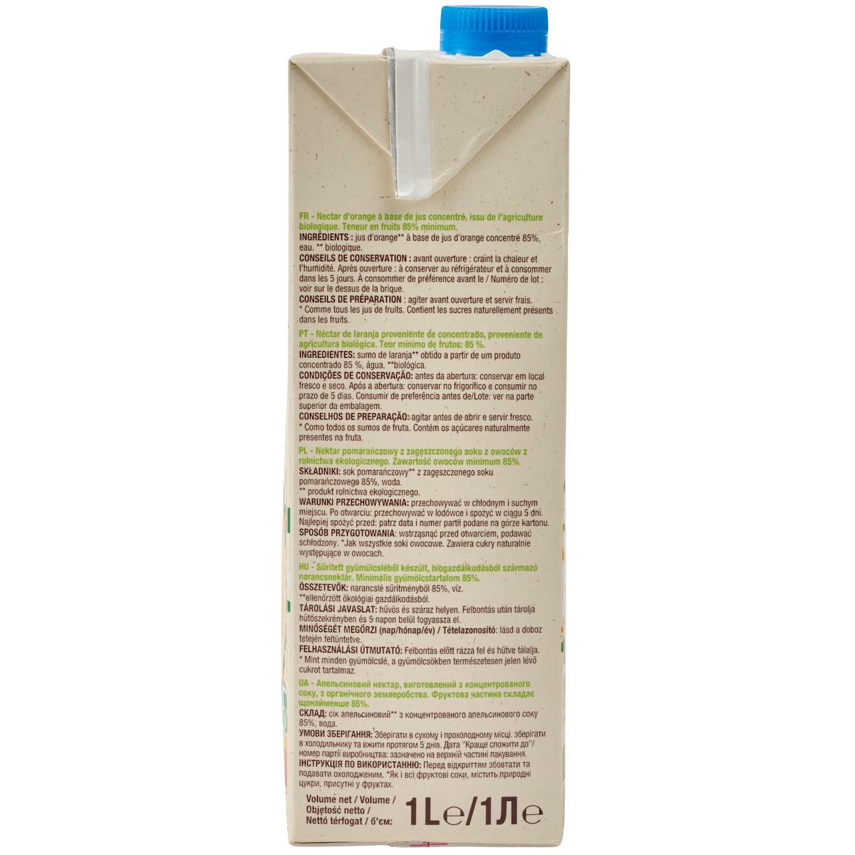 AUCHAN BIO Nectar d'orange sans sucres ajoutés bio en brique 1l