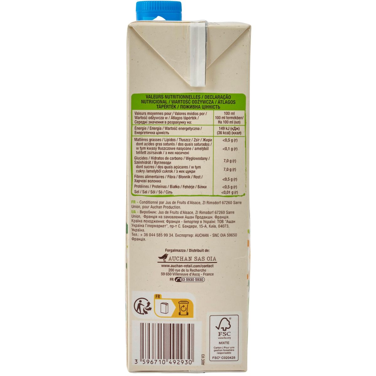 AUCHAN BIO Nectar d'orange sans sucres ajoutés bio en brique 1l