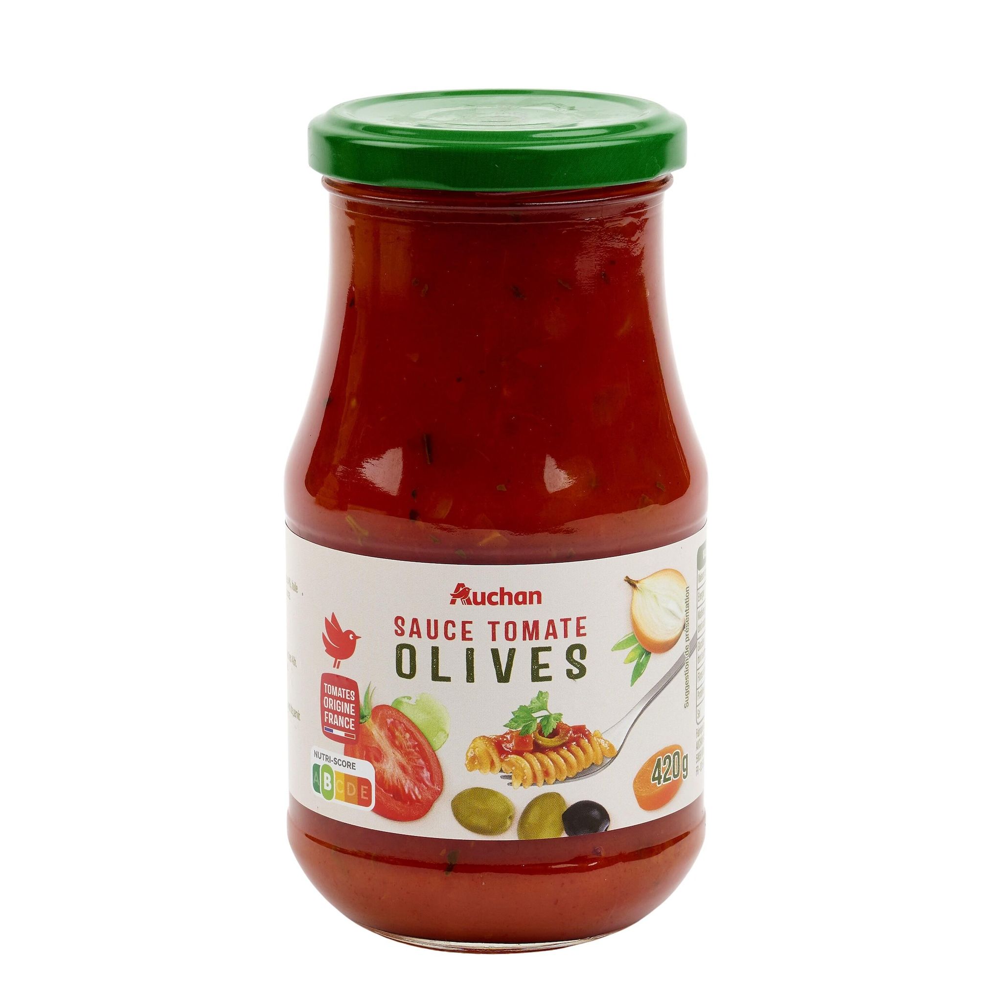 Voir la diapositive 2 : AUCHAN Sauce tomate aux olives en bocal 420g