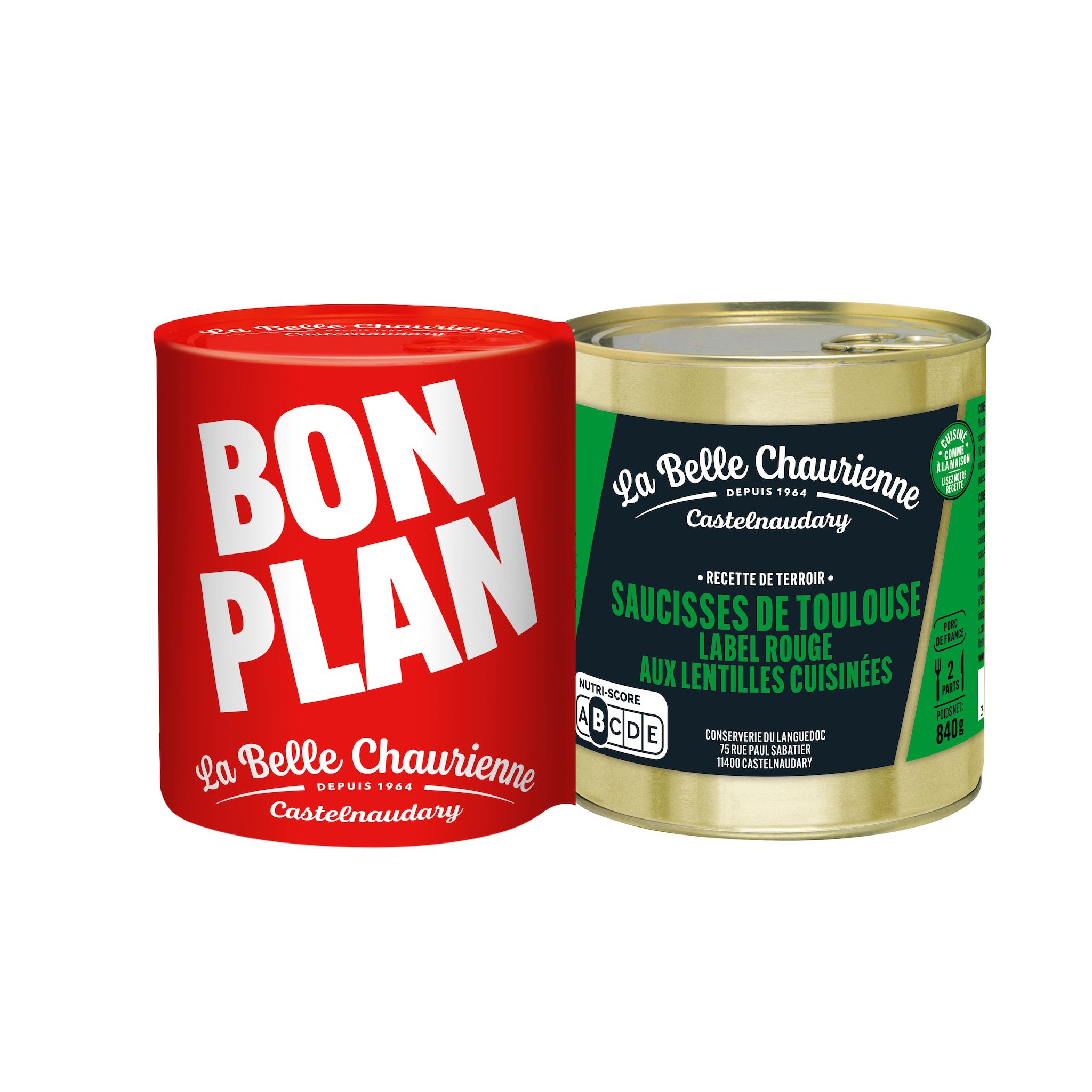 LA BELLE CHAURIENNE Saucisses de Toulouse Label Rouge aux lentilles du Lauragais 2x2 parts 2x840g