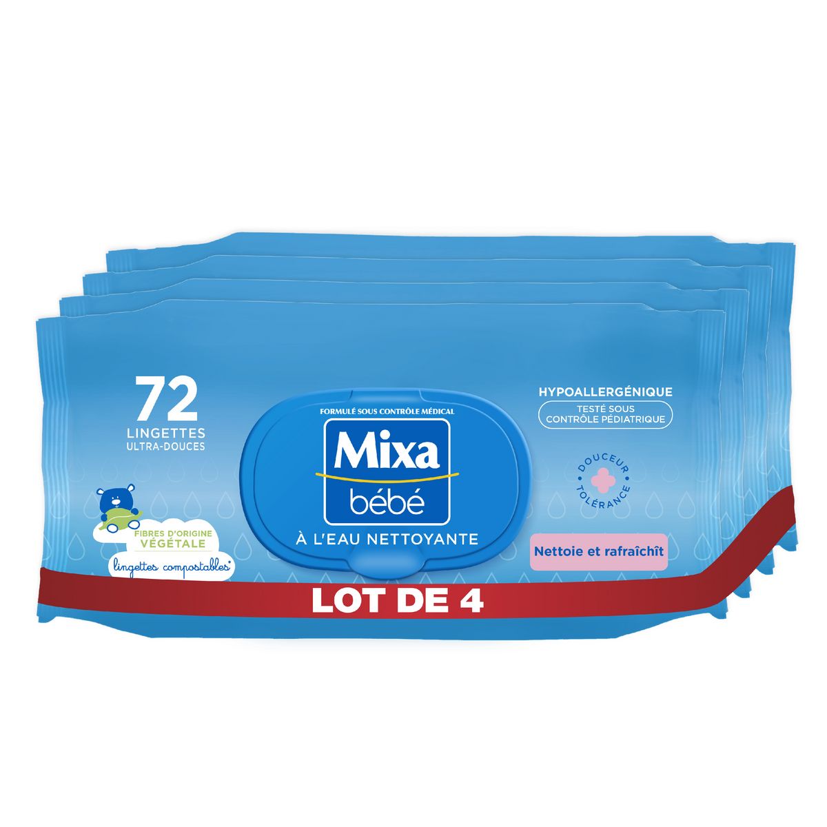 MIXA Lingettes à l'eau nettoyante Lot de 4 4x72 lingettes