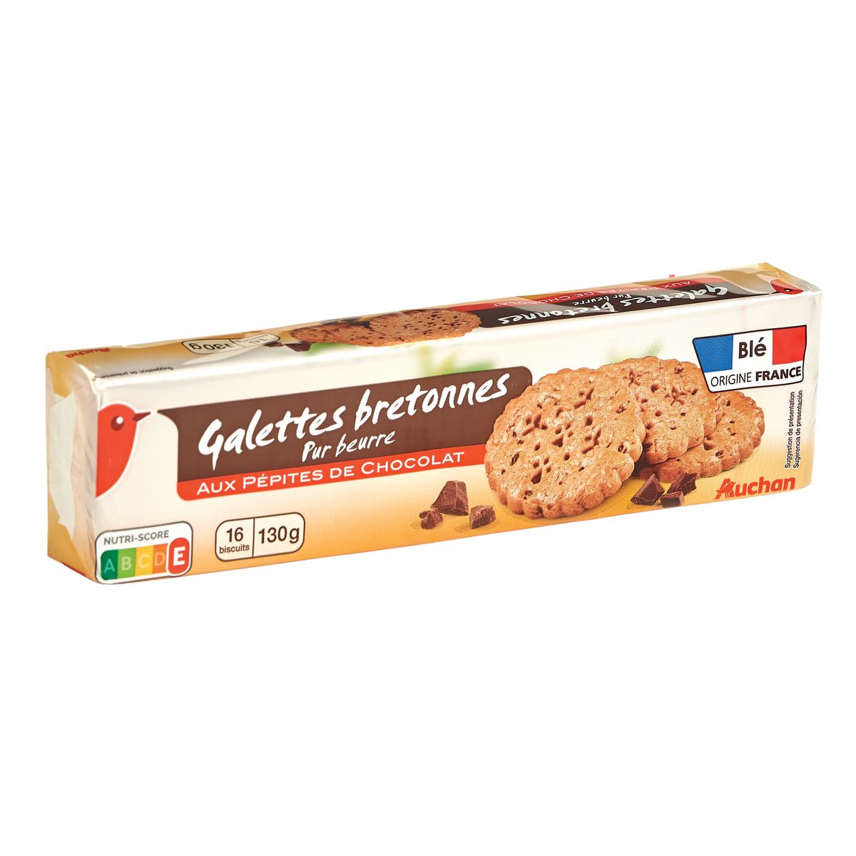 AUCHAN Galettes Bretonnes pur beurre aux pépites de chocolat 16 biscuits 130g