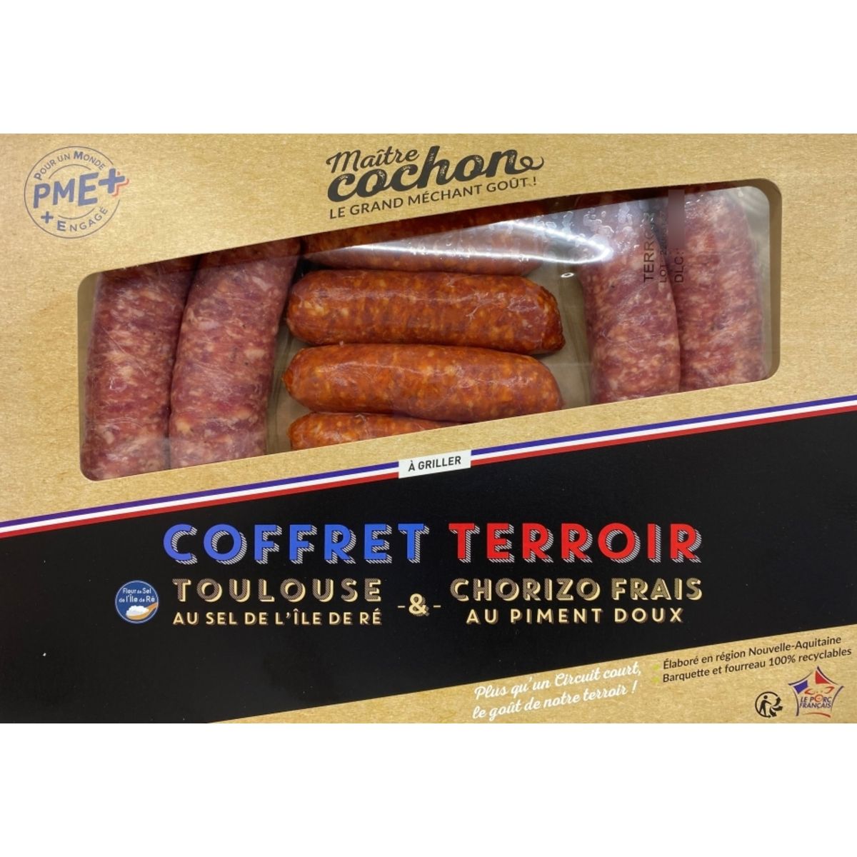 MAITRE COCHON Coffret terroir Saucisses de Toulouse au sel de l'île de Ré et saucisses de chorizo frais au piment doux 10 pièces 680g