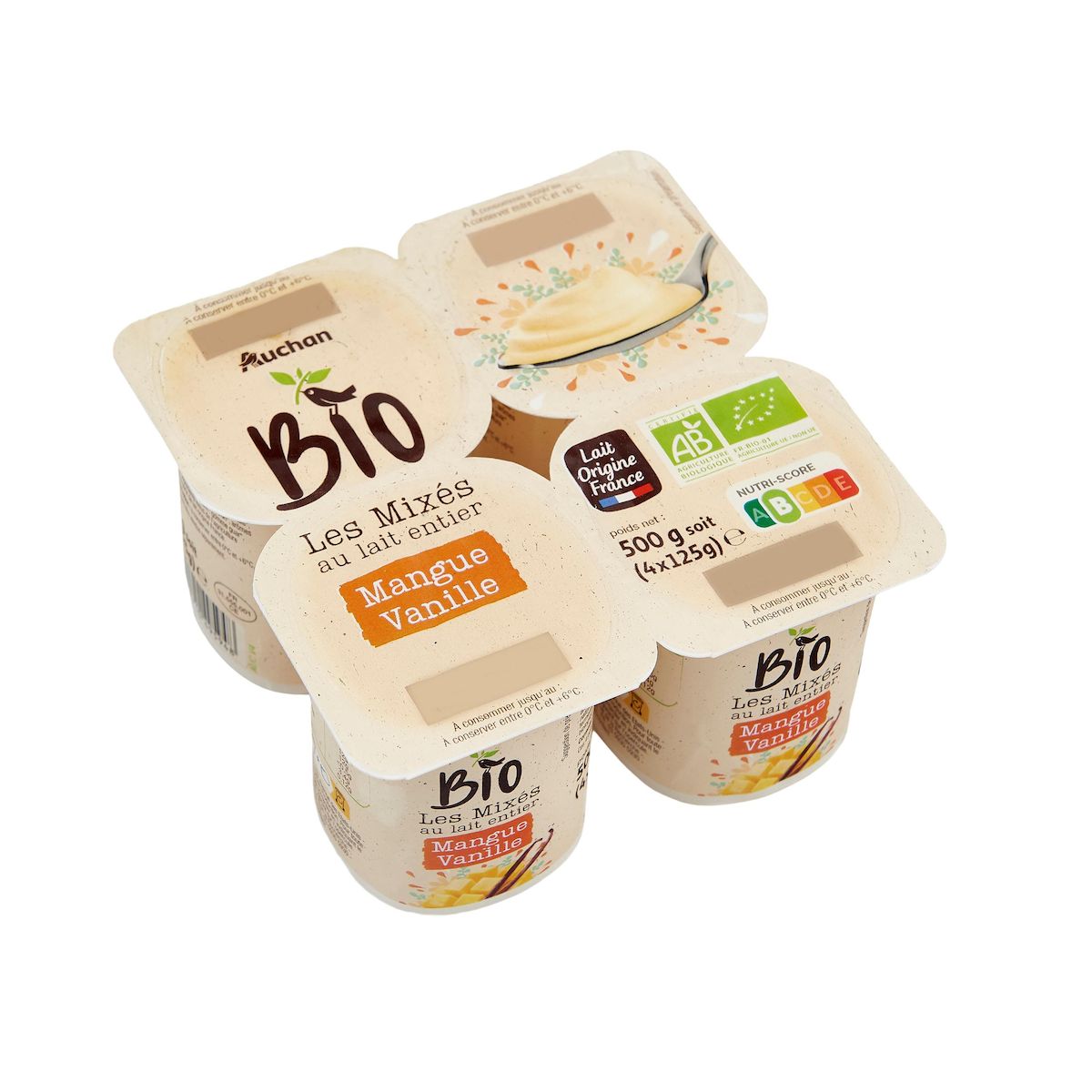 AUCHAN BIO Yaourt mixé mangue vanille 4x125g