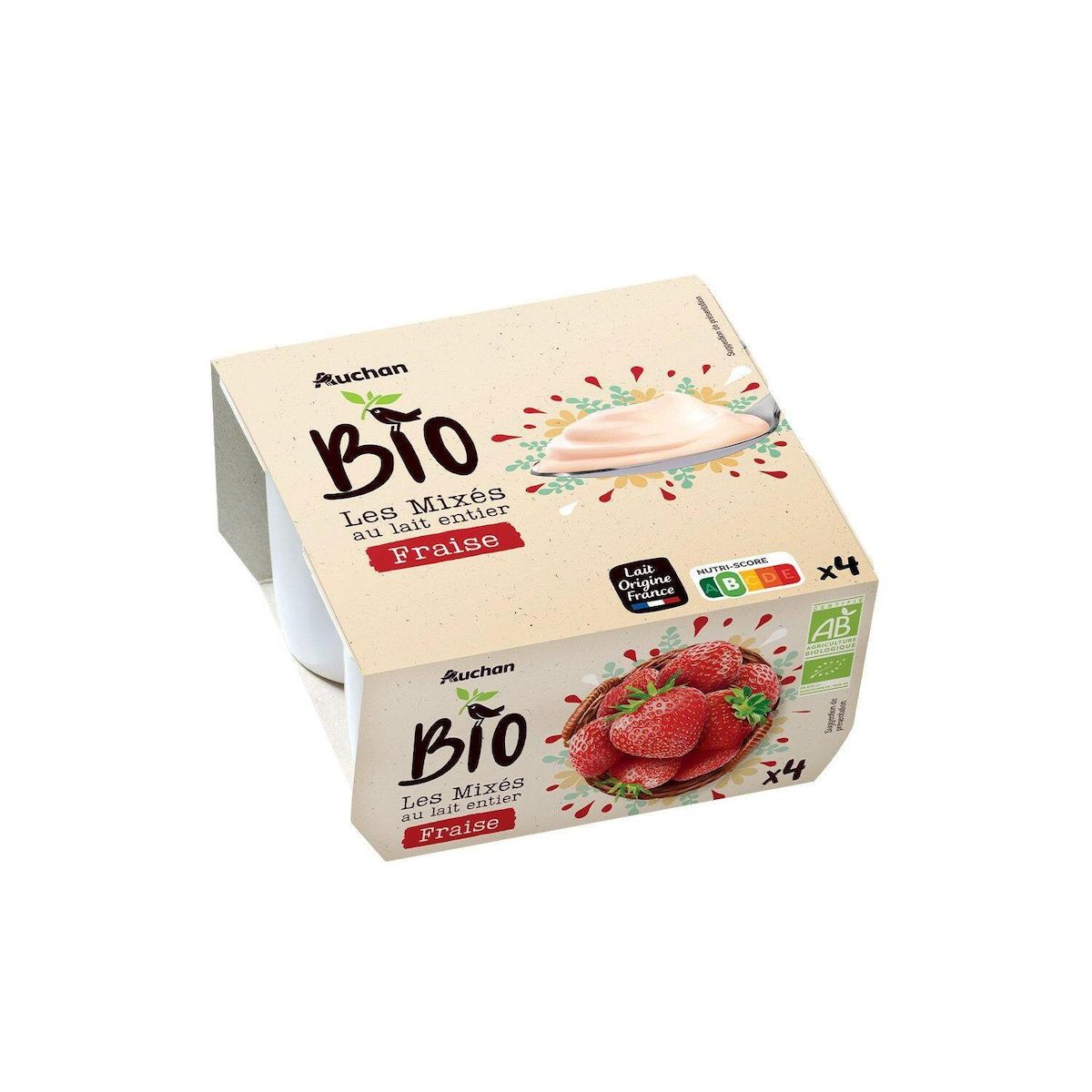 AUCHAN BIO Yaourt aux fruits mixés fraise 4x125g