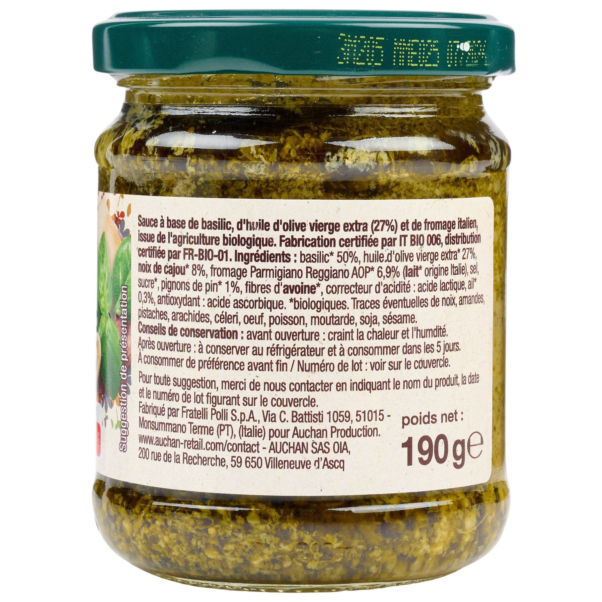 Voir la diapositive 4 : AUCHAN BIO Sauce pesto verde 190g