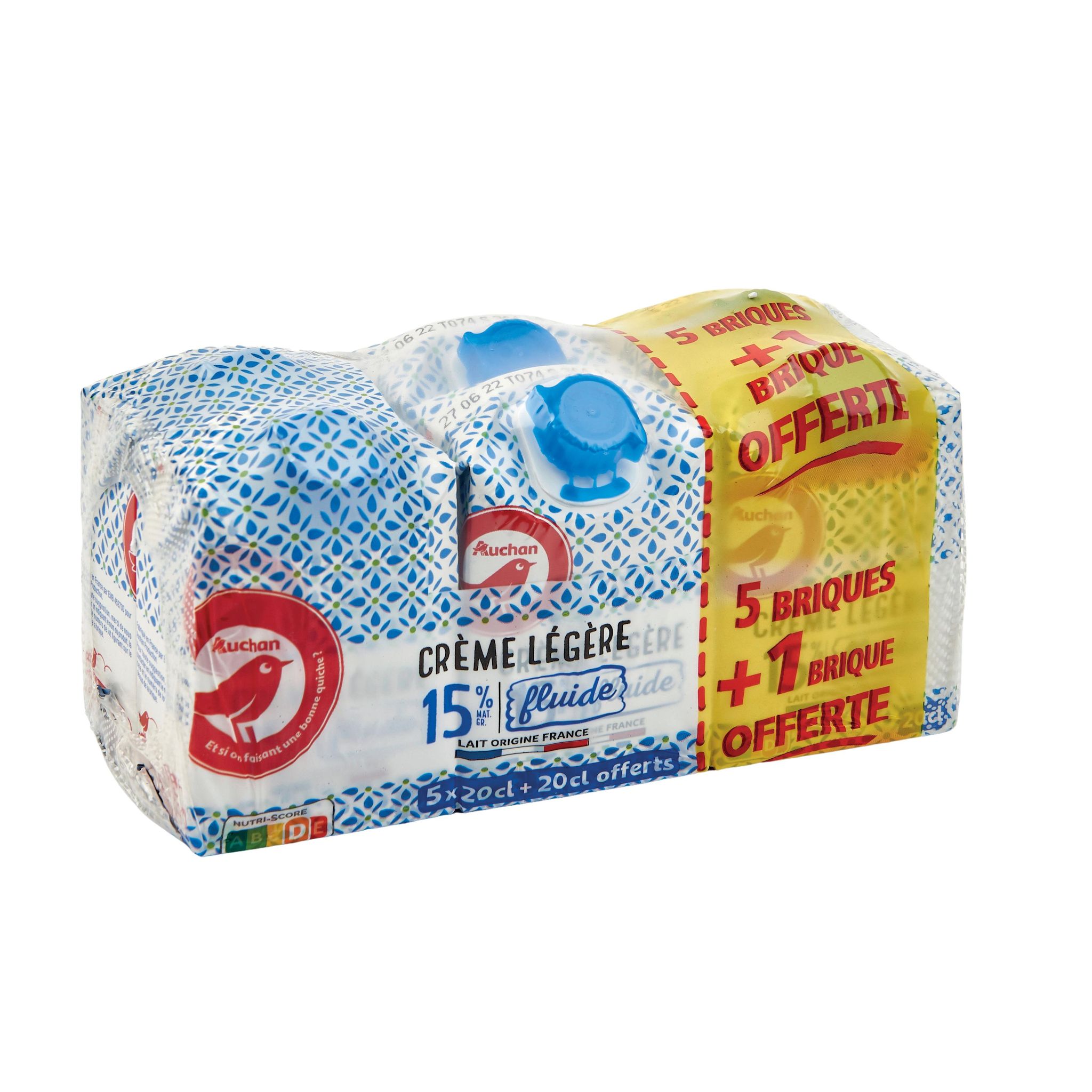Voir la diapositive 2 : AUCHAN Crème légère fluide 15%MG 5+1 offerte 6x20cl