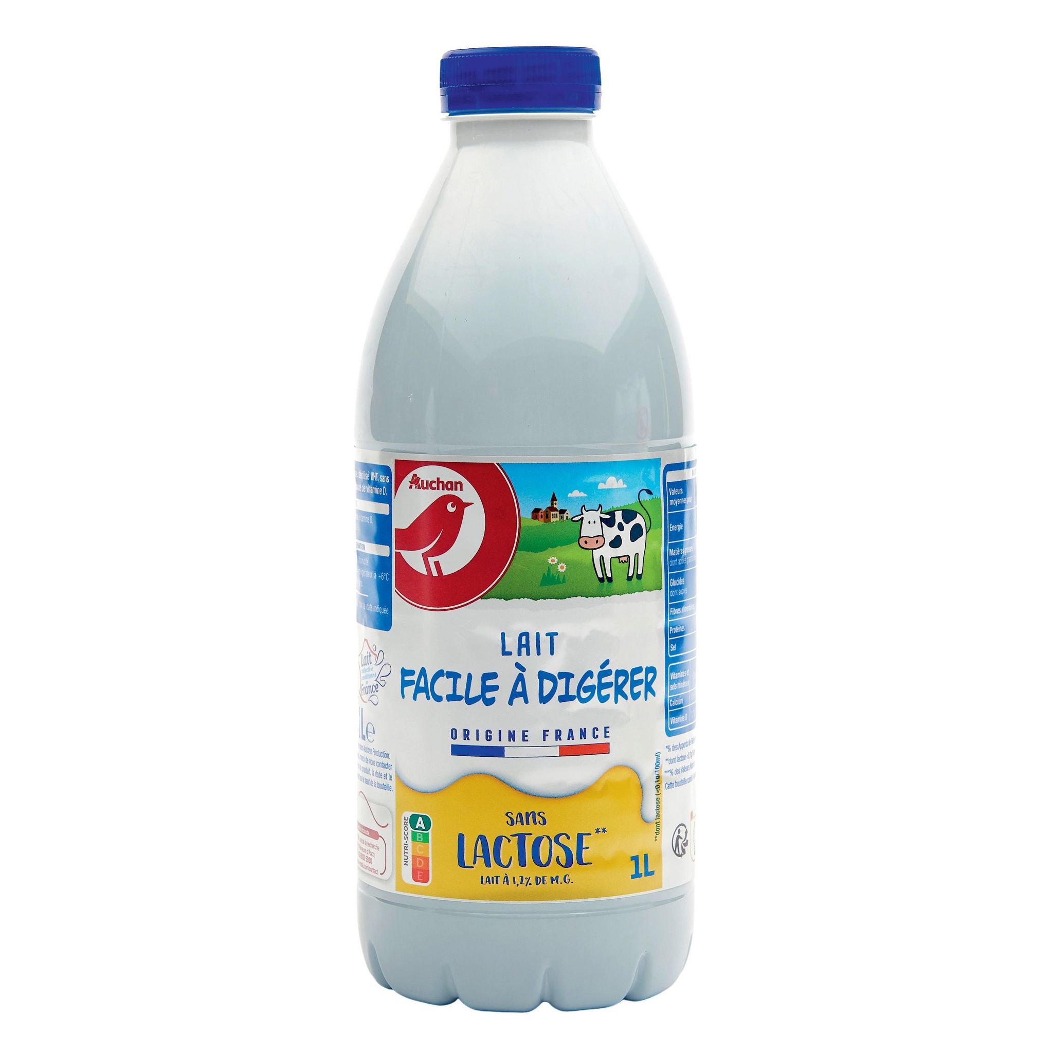 Voir la diapositive 2 : AUCHAN Lait facile à digérer sans lactose 1.2MG 1L