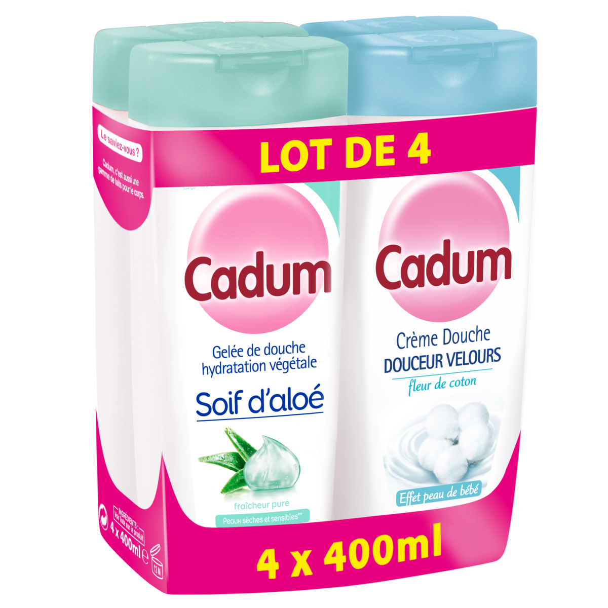 CADUM Gelée de douche et Crème de douche hydratation végétale et douceur velours 4x400ml