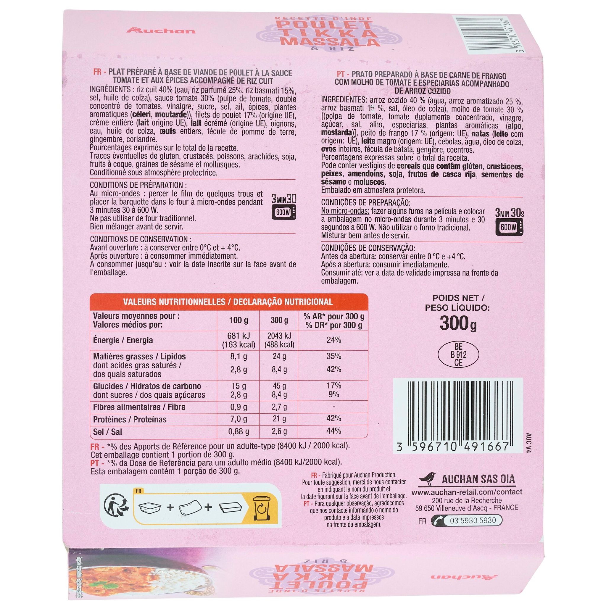 Voir la diapositive 2 : AUCHAN Poulet tikka massala et riz basmati 1 part 300g