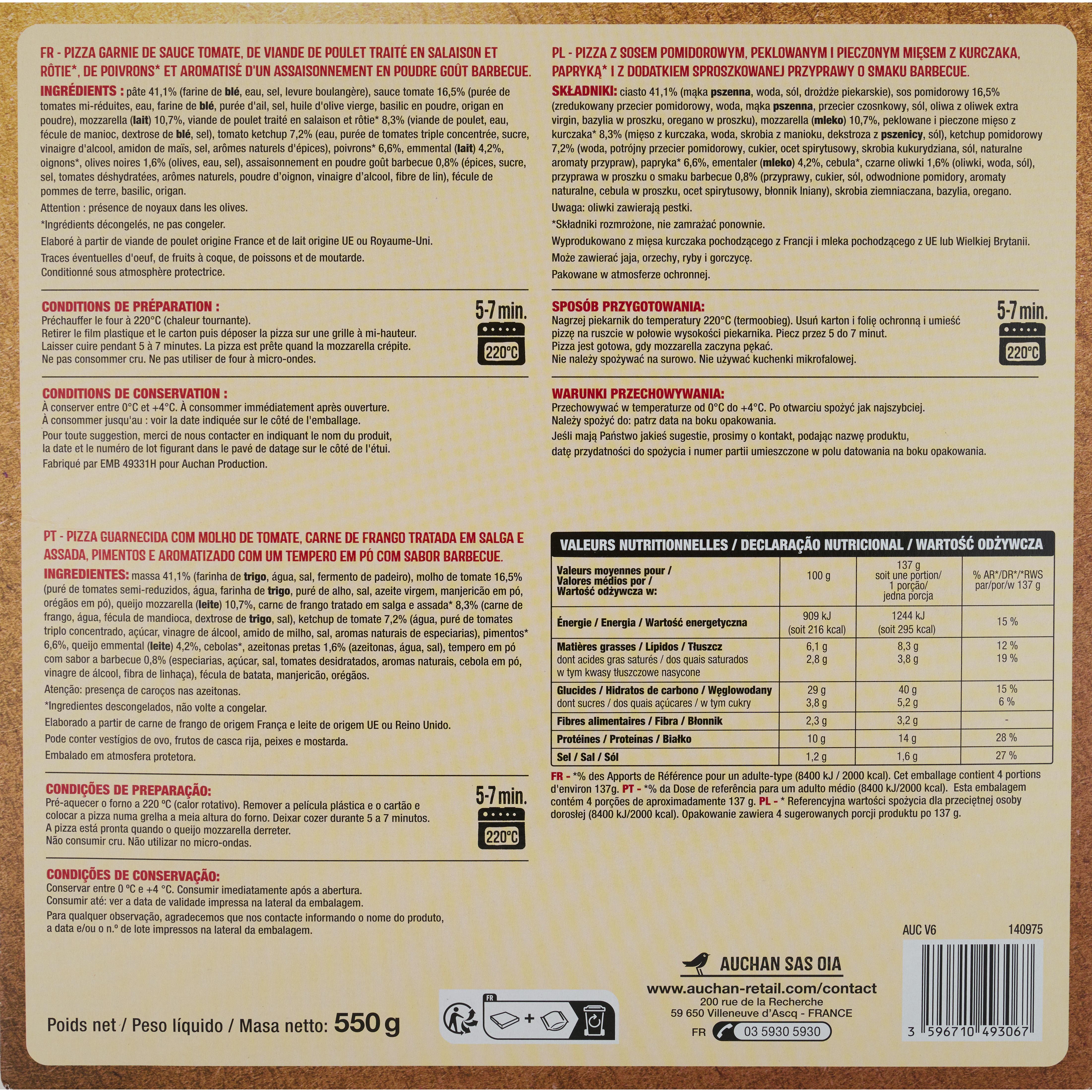 Voir la diapositive 2 : AUCHAN Croust'izza poulet origine France sauce BBQ 4 parts 550g