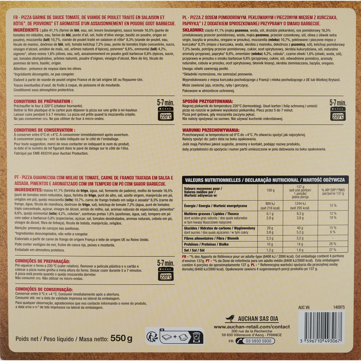 AUCHAN Croust'izza poulet origine France sauce BBQ 4 parts 550g