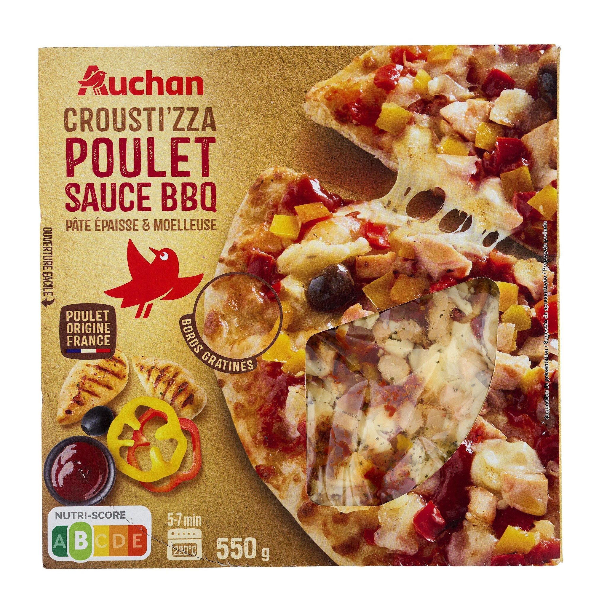 Voir la diapositive 3 : AUCHAN Croust'izza poulet origine France sauce BBQ 4 parts 550g