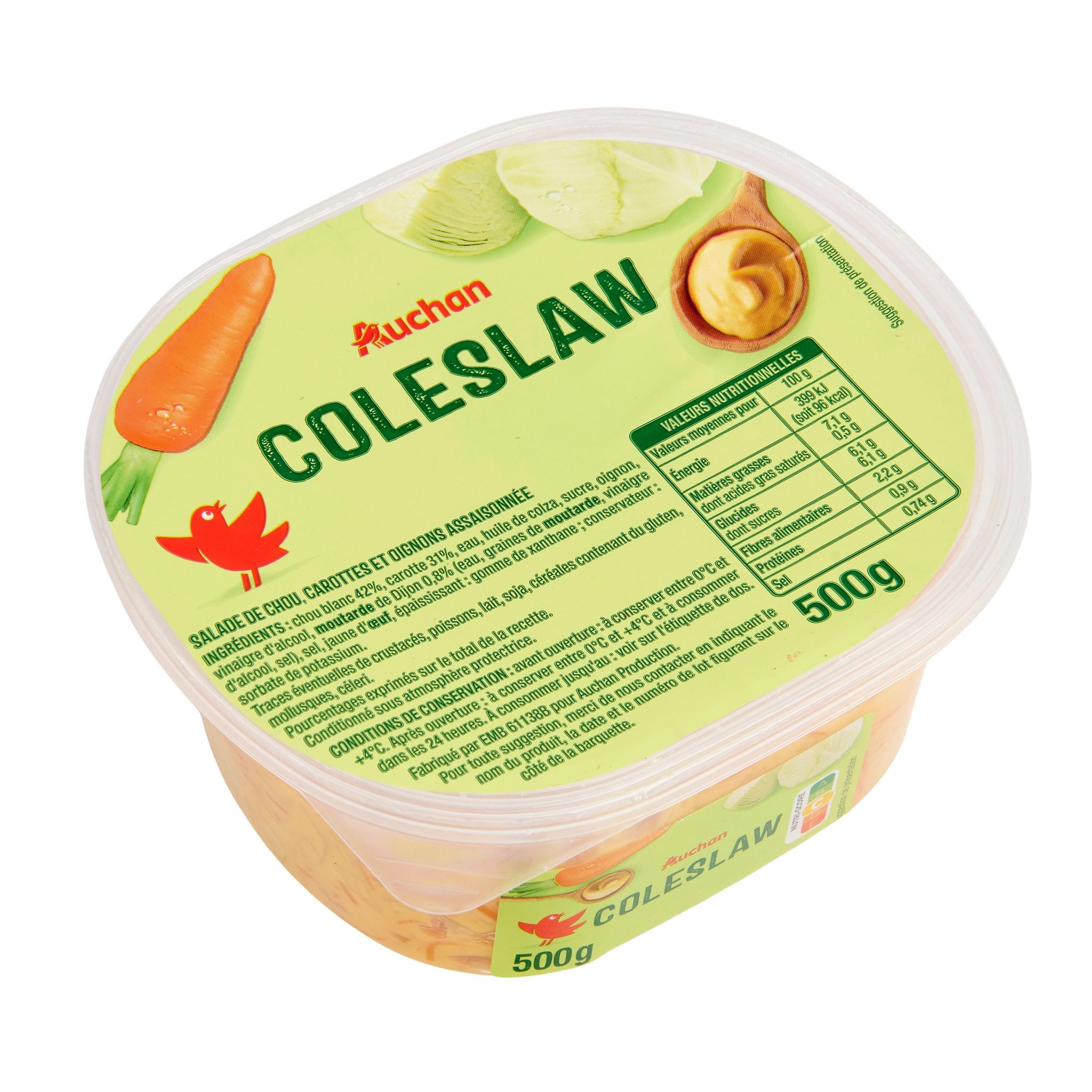 Voir la diapositive 2 : AUCHAN Coleslaw chou et carottes 5 parts 500g